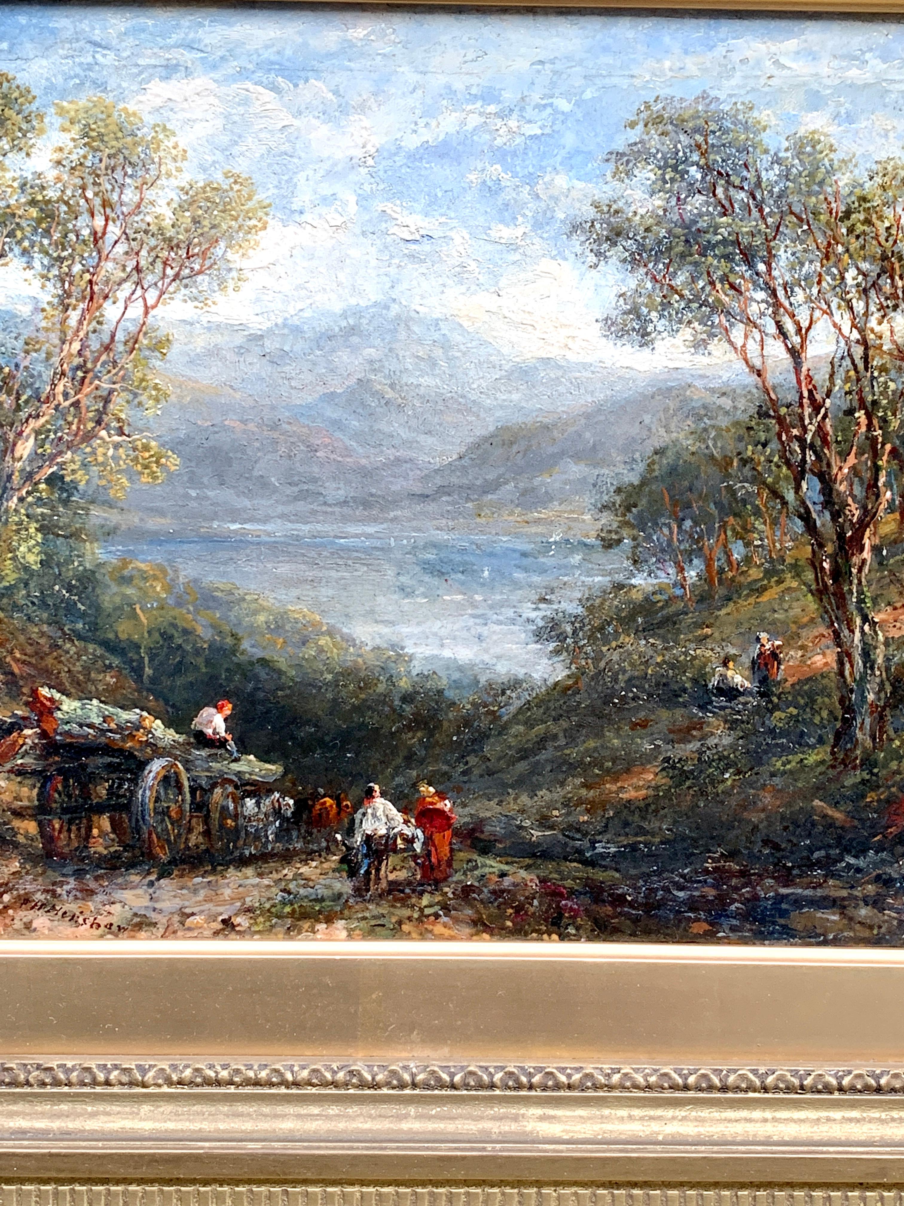 English Antique 19thC wooded landscape with horse and cart, and figures by lake - Painting by Frederick Henry Henshaw
