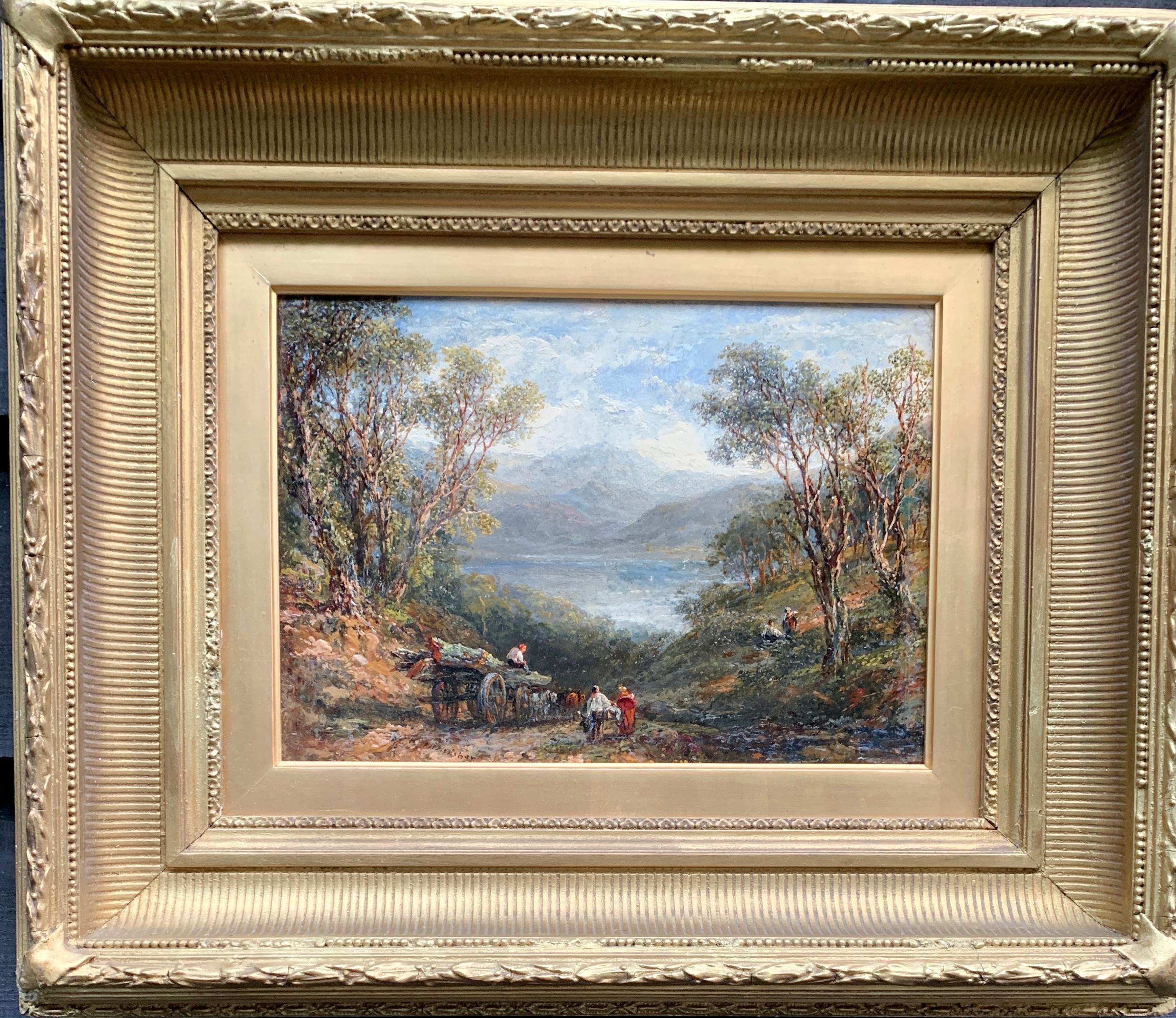 Frederick Henry Henshaw Landscape Painting - English Antique 19thC wooded landscape with horse and cart, and figures by lake