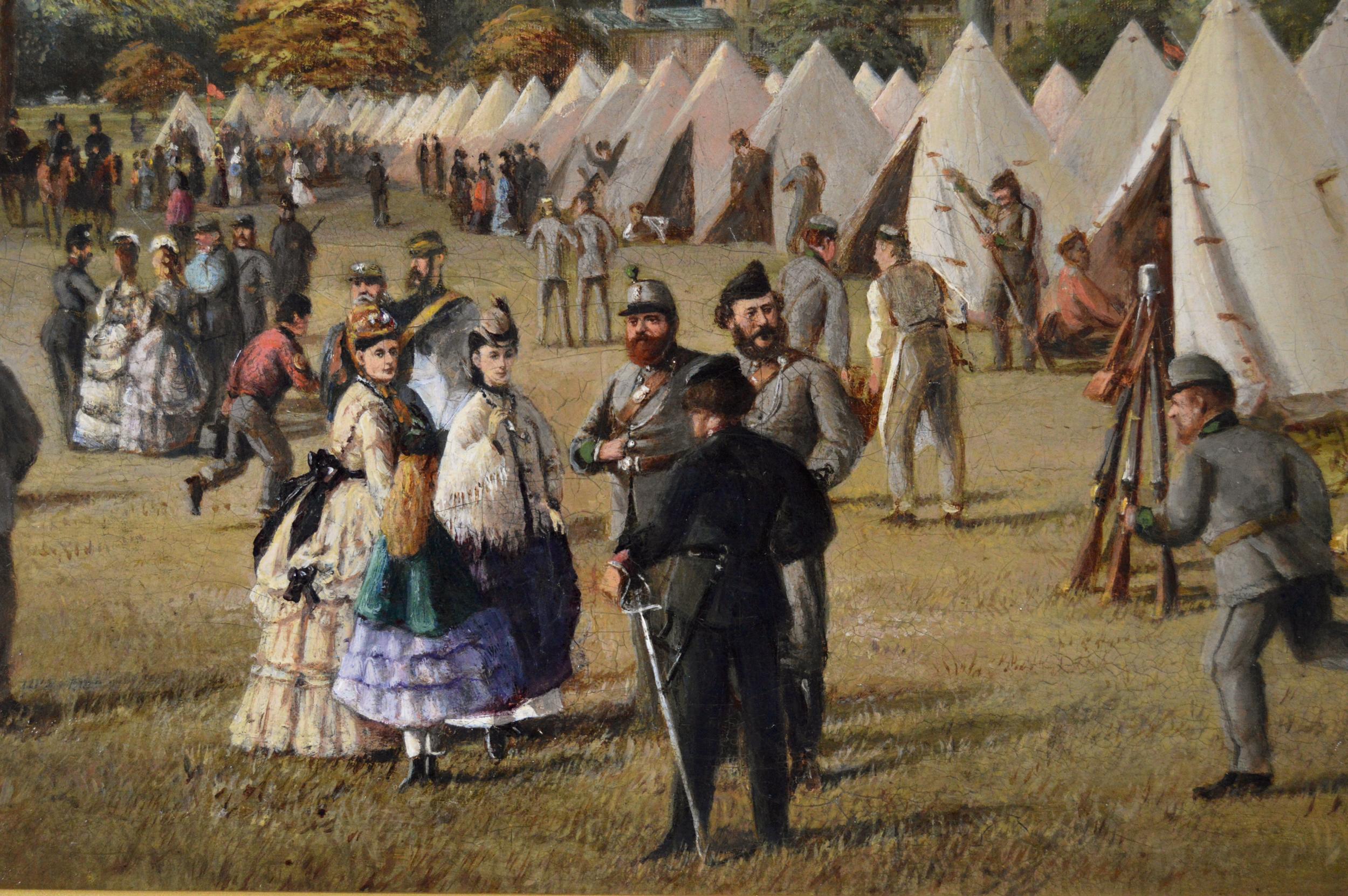 Paire de peintures à l'huile militaires du 19e siècle représentant des tirailleurs volontaires - Marron Landscape Painting par Frederick Henry Howard Harris