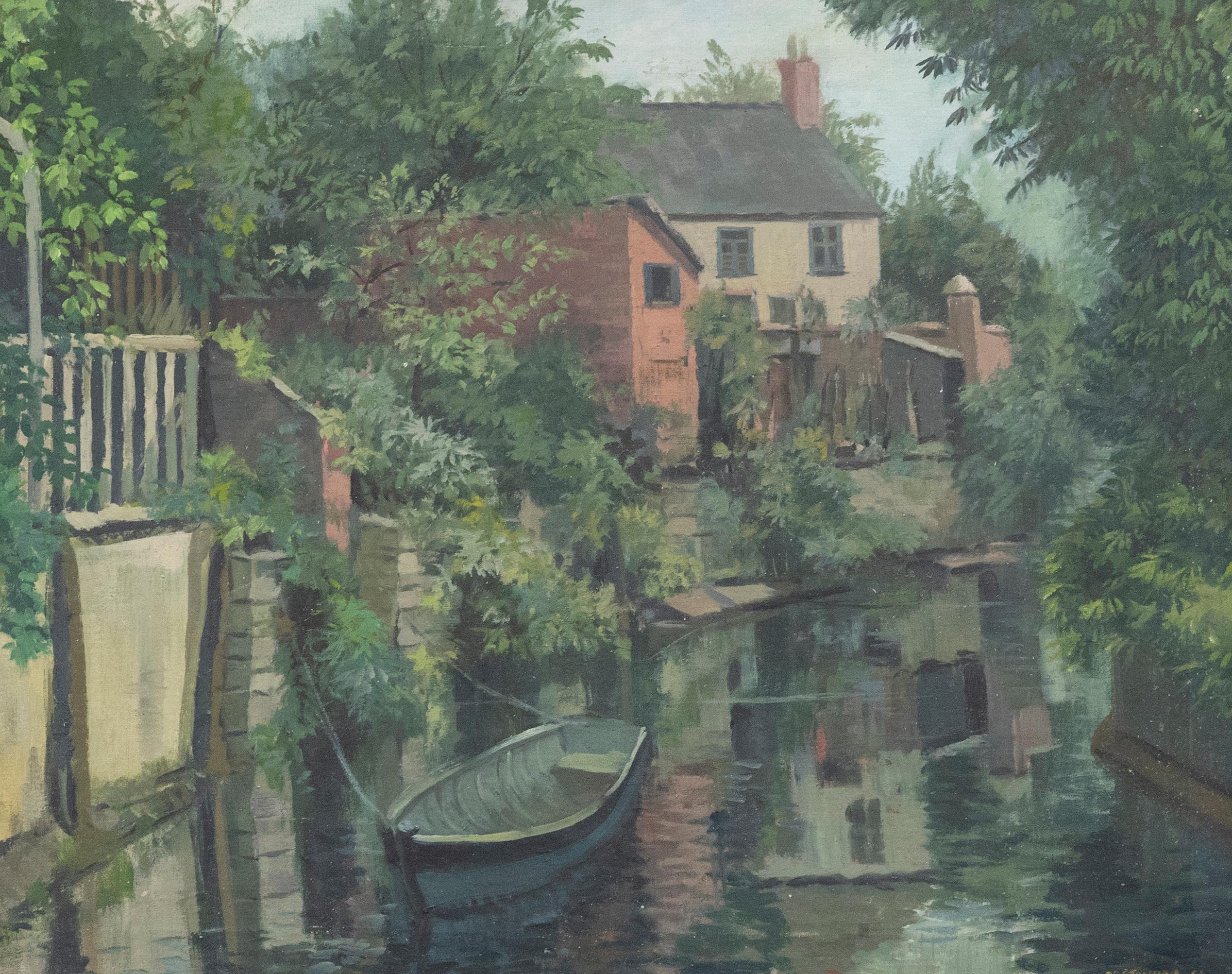 This charming mid century oil study depicting cottages with gardens running down to the riverbank. In the foreground a small rowing mount is moored to the bank. The artist captures the scene in a a style typical to the mid 20th century, showing a