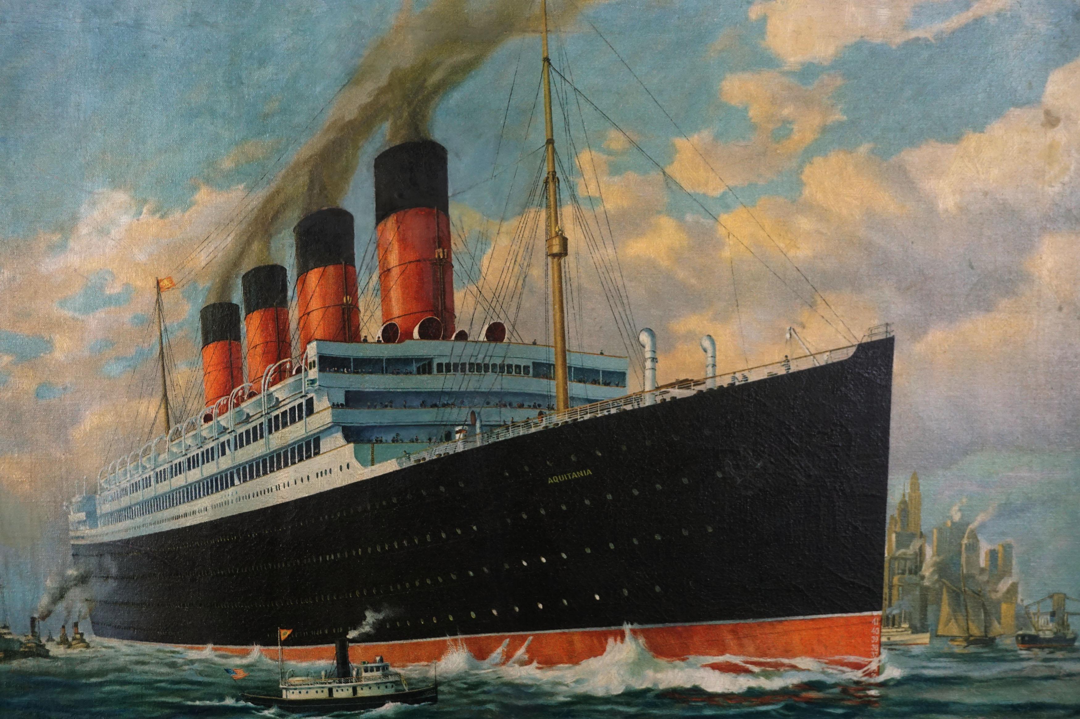 Inizio del XX secolo  Dipinto a olio marittimo della RMS Aquitania nel porto di New York - Painting di Frederick Hoertz