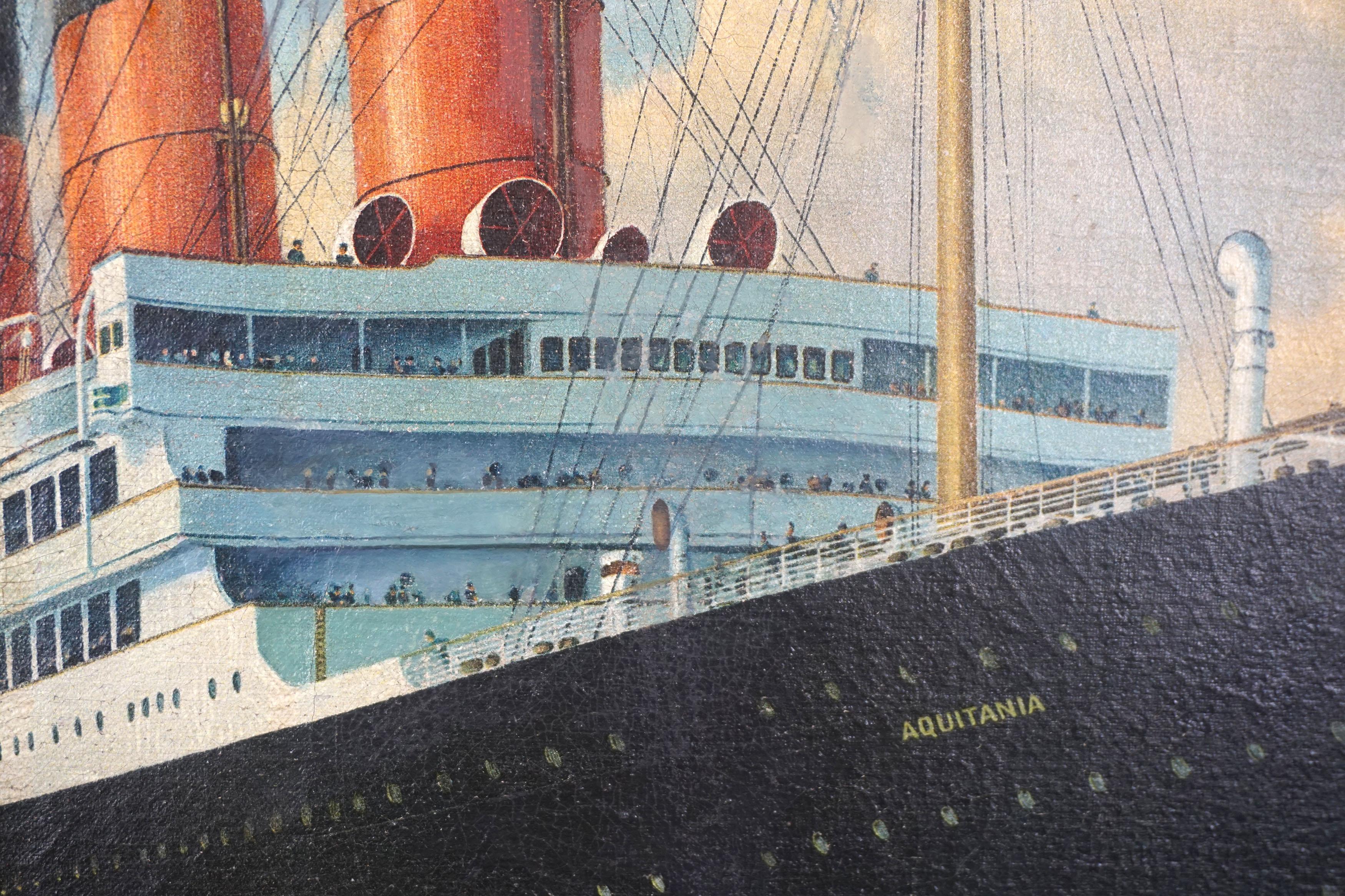 Inizio del XX secolo  Dipinto a olio marittimo della RMS Aquitania nel porto di New York - Painting Realismo di Frederick Hoertz