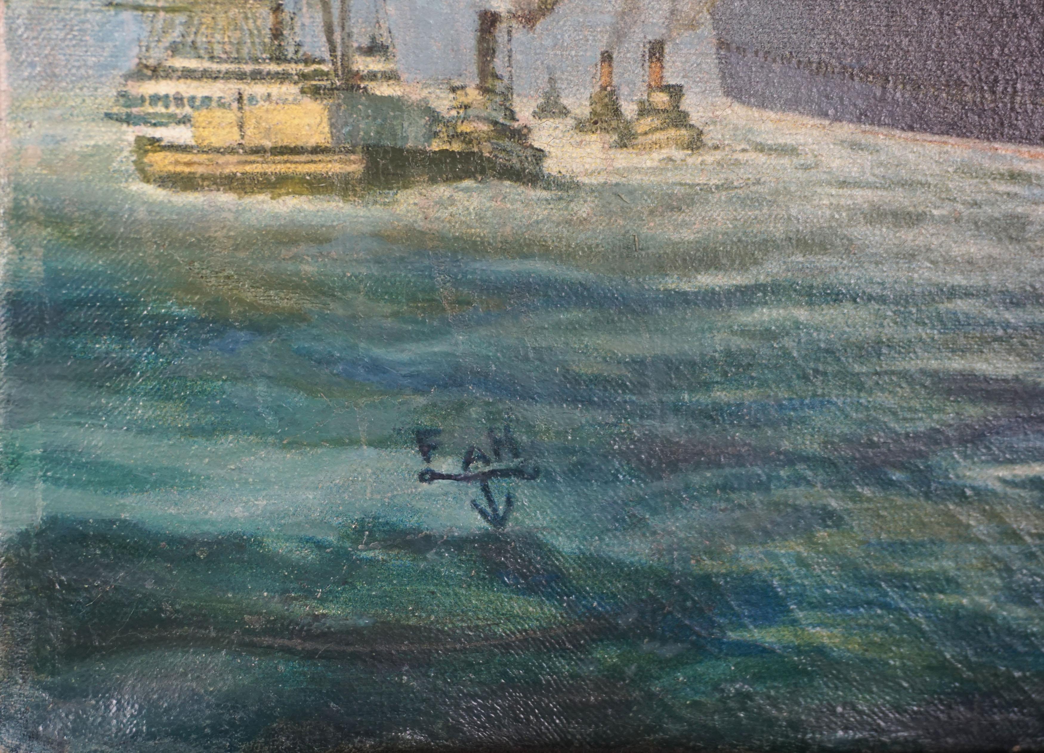 Inizio del XX secolo  Dipinto a olio marittimo della RMS Aquitania nel porto di New York - Figurative Painting Grigio di Frederick Hoertz