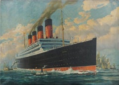Début du 20e siècle  Peinture à l'huile maritime du RMS Aquitania dans le port de New York