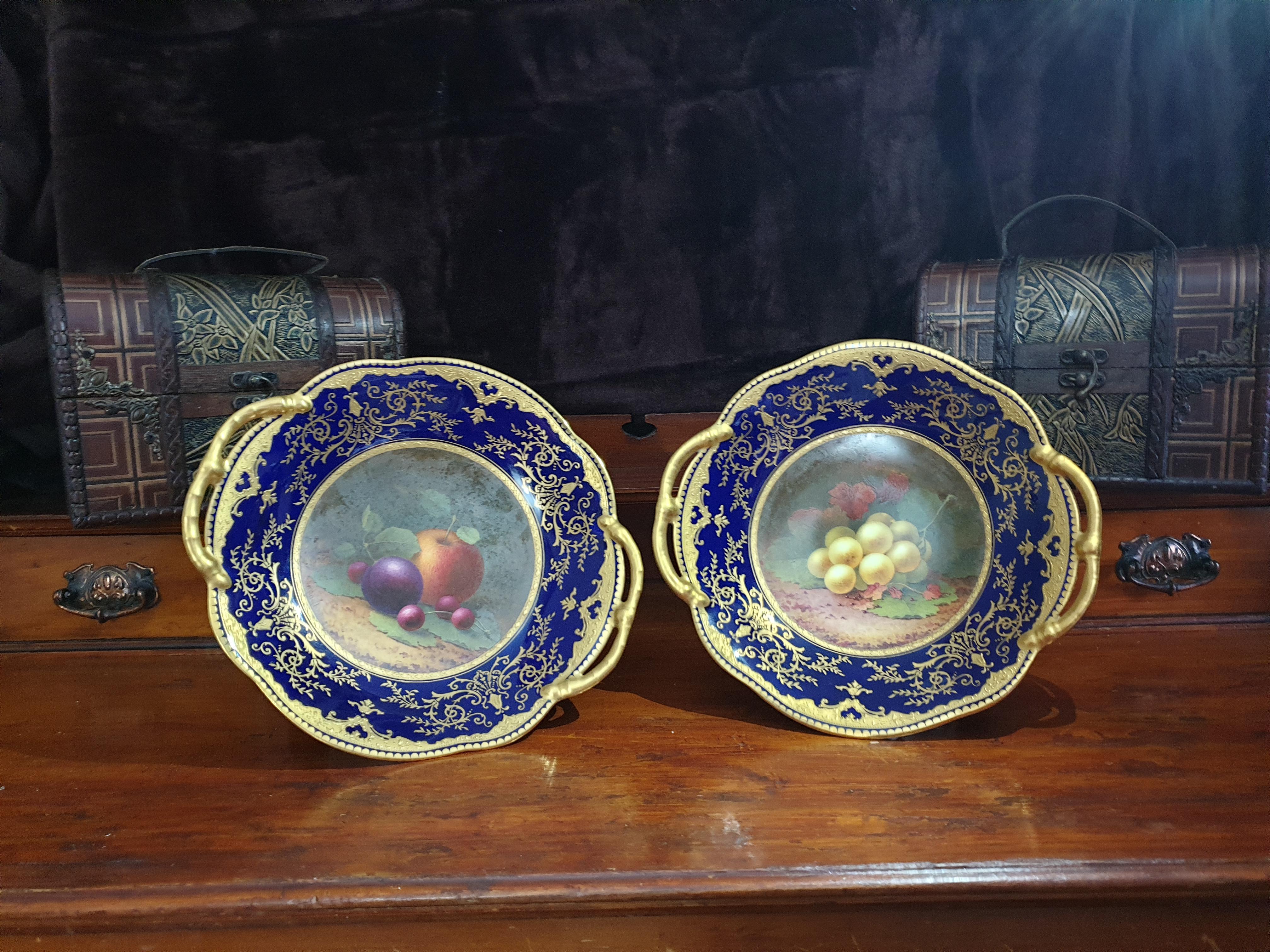 Porcelain English Cobalt Blue Fruits Coalport Dessert Service Painted By Frederick Howard For Sale