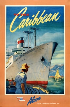 Original Vintage Poster To The Caribbean Alcoa Steamship Co. Victory Ship Cruise