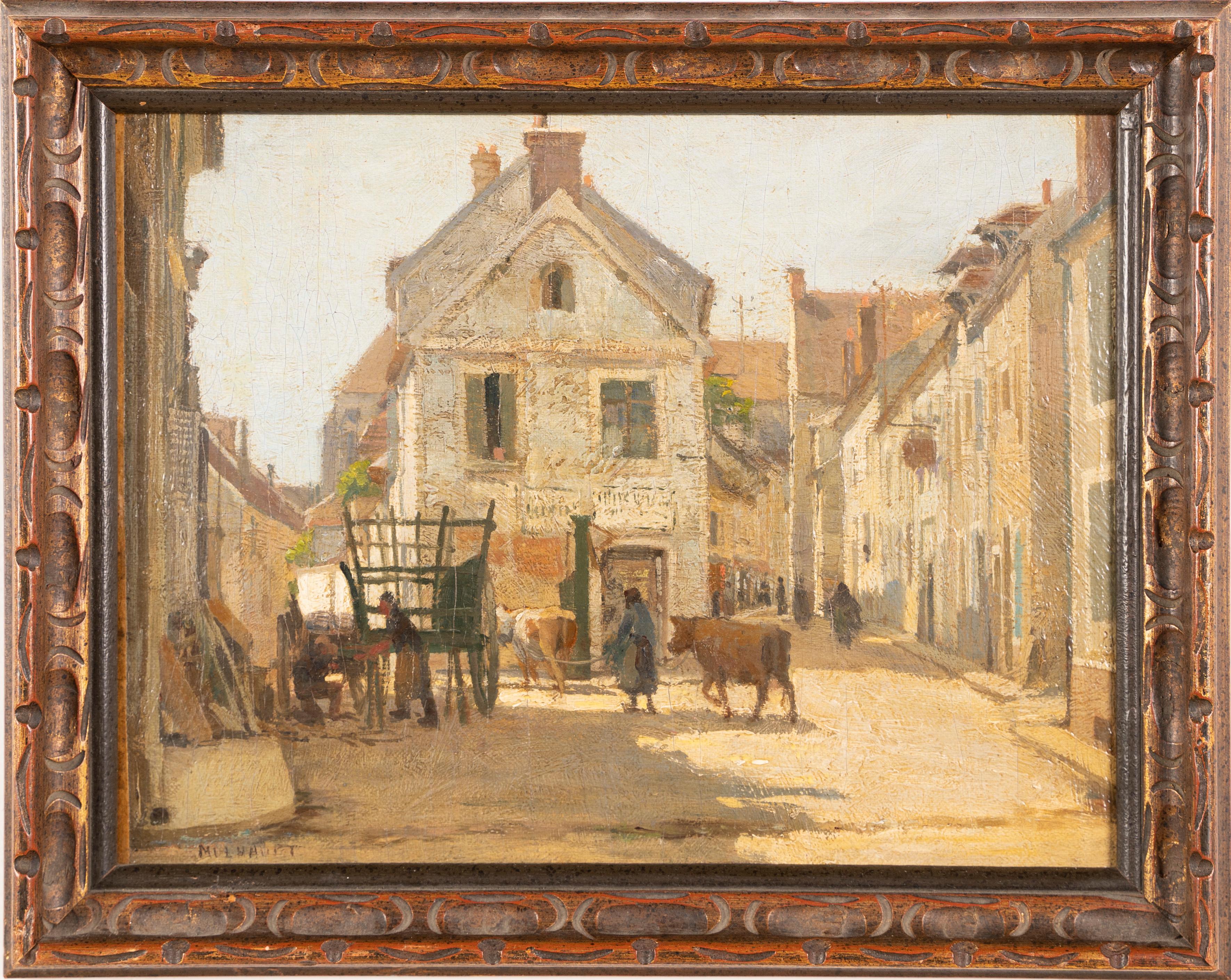 Antique American Impressionist Cityscape Signed Framed Market Oil Painting - Brown Landscape Painting by Frederick J. Mulhaupt