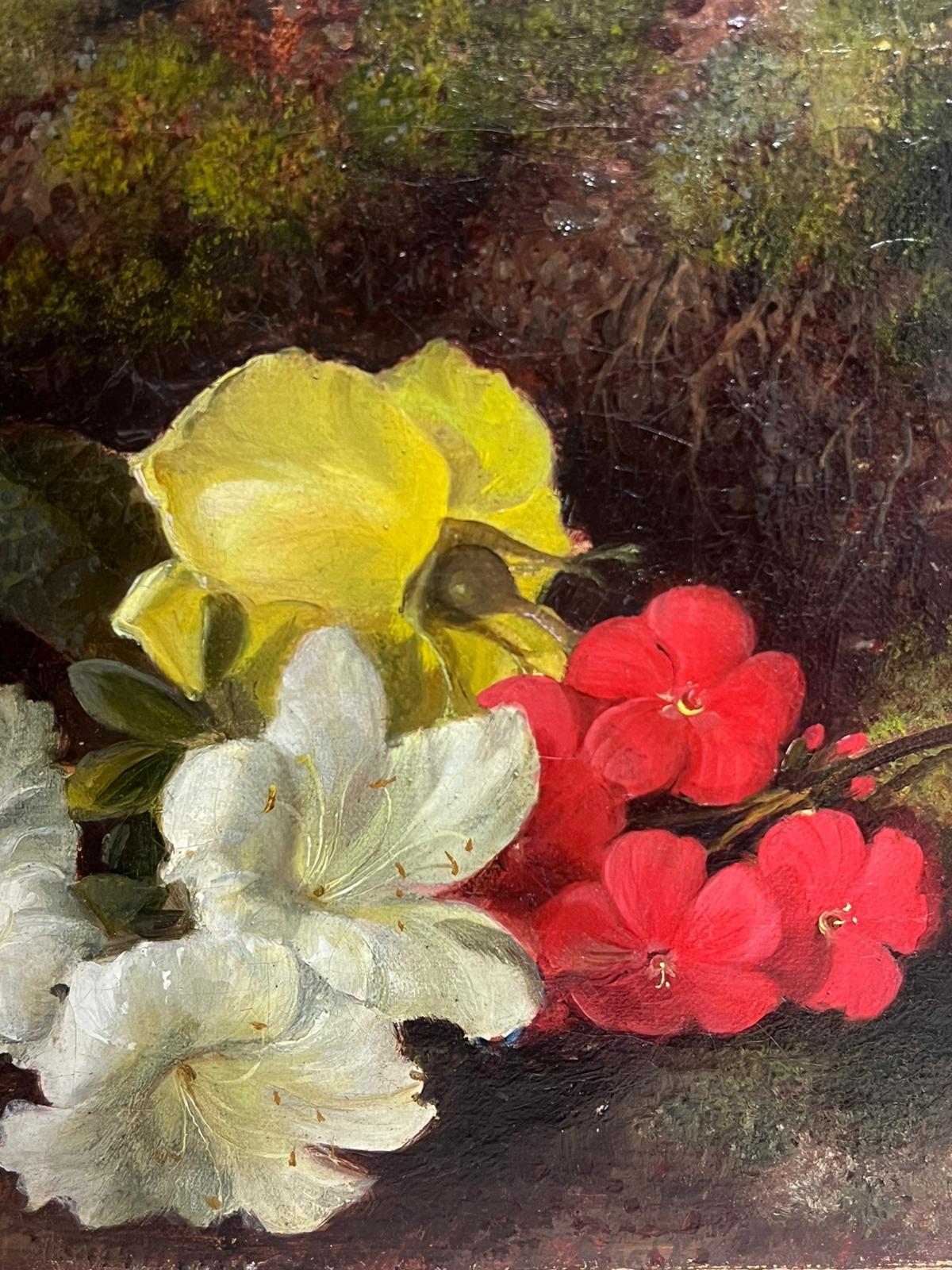 Charming Victorian English Still Life Oil Painting Flowers in Natural Setting For Sale 3