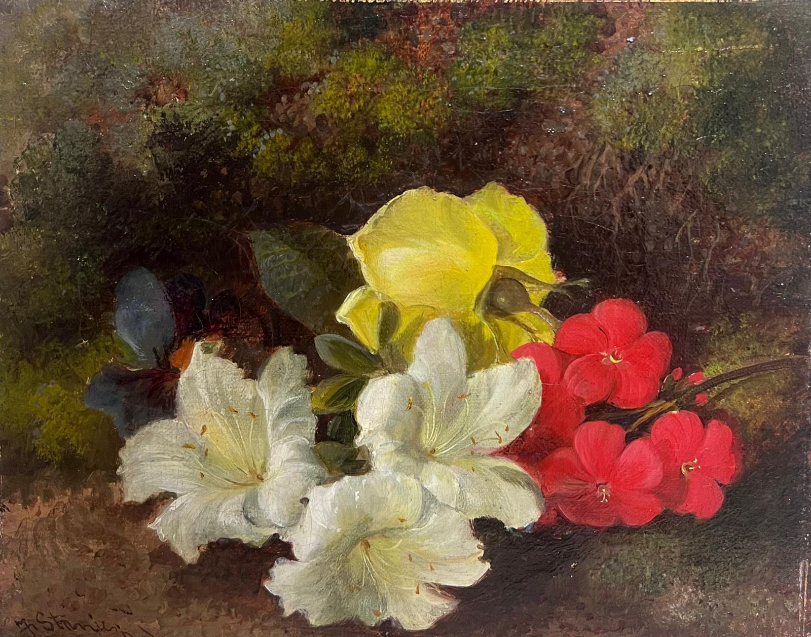 Charme della natura morta inglese vittoriana dipinto a olio con fiori in un ambiente naturale