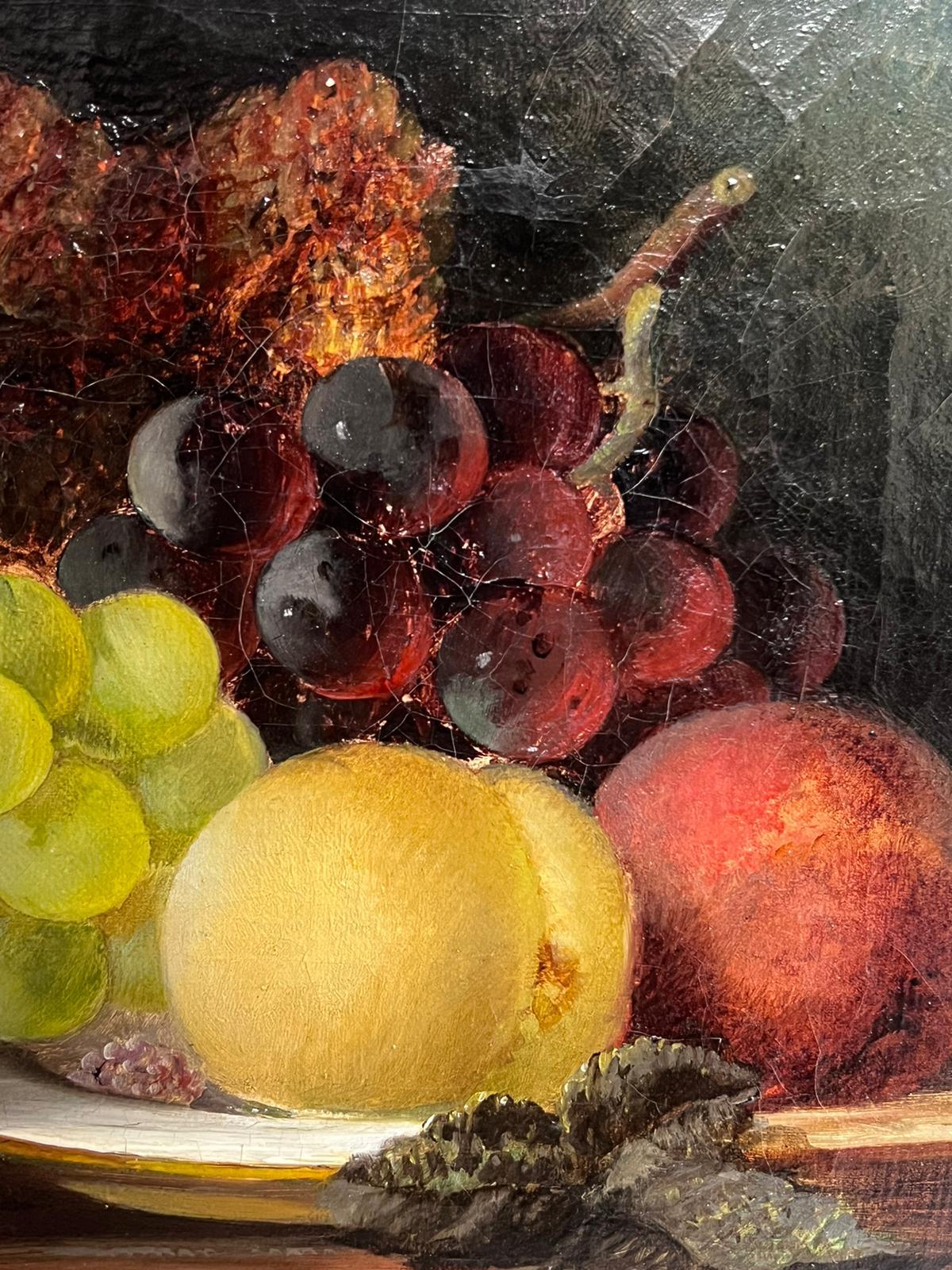 Victorian Still Life Oil Painting of Fruit Peaches Grapes on Platter For Sale 2