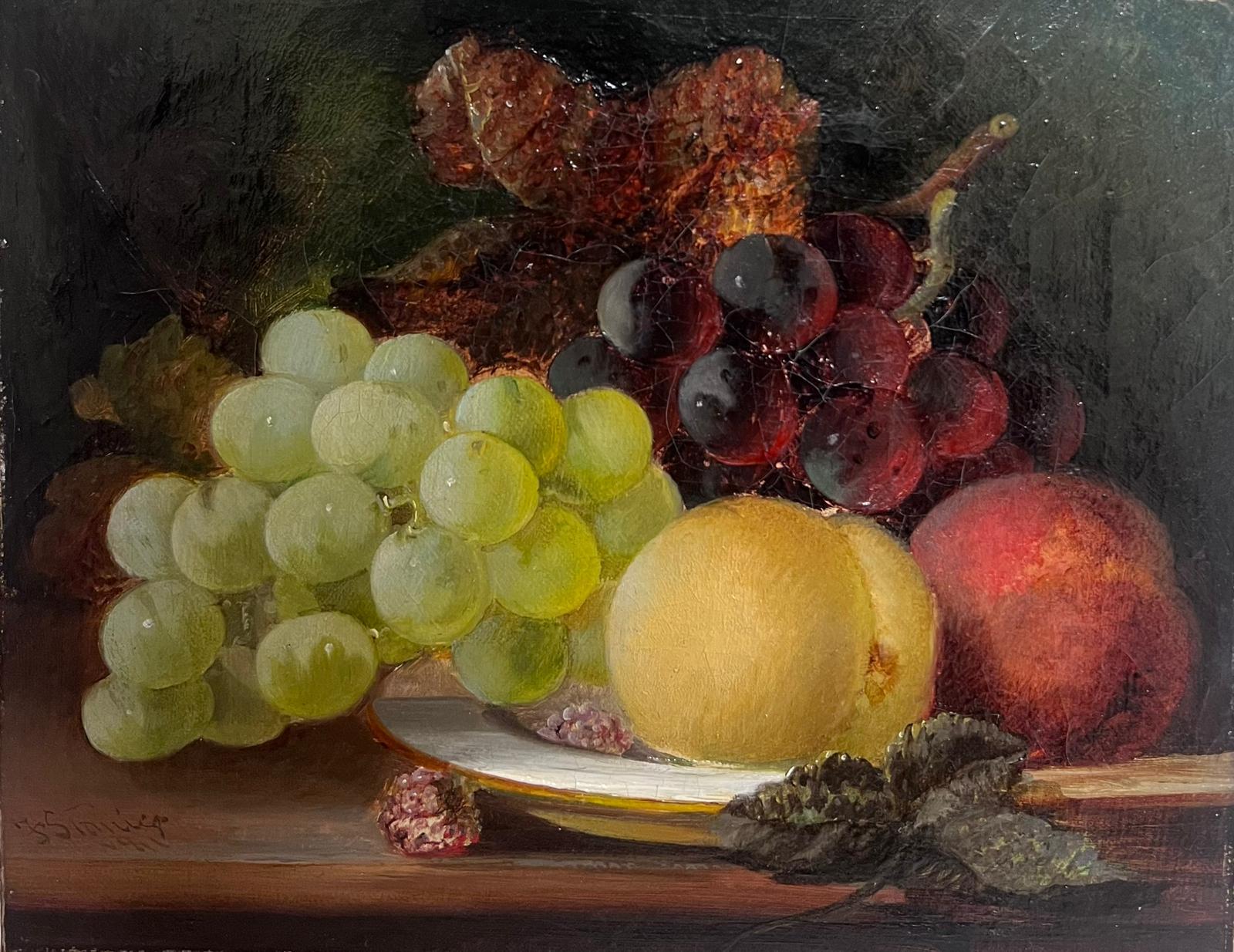 Frederick J Stanier Interior Painting - Victorian Still Life Oil Painting of Fruit Peaches Grapes on Platter