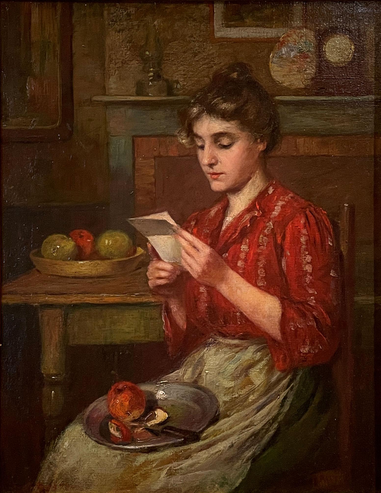Interior Painting Frederick James Boston - « La lettre », Frederick Boston, Littérature de femme, Figuratif de l'impressionnisme américain