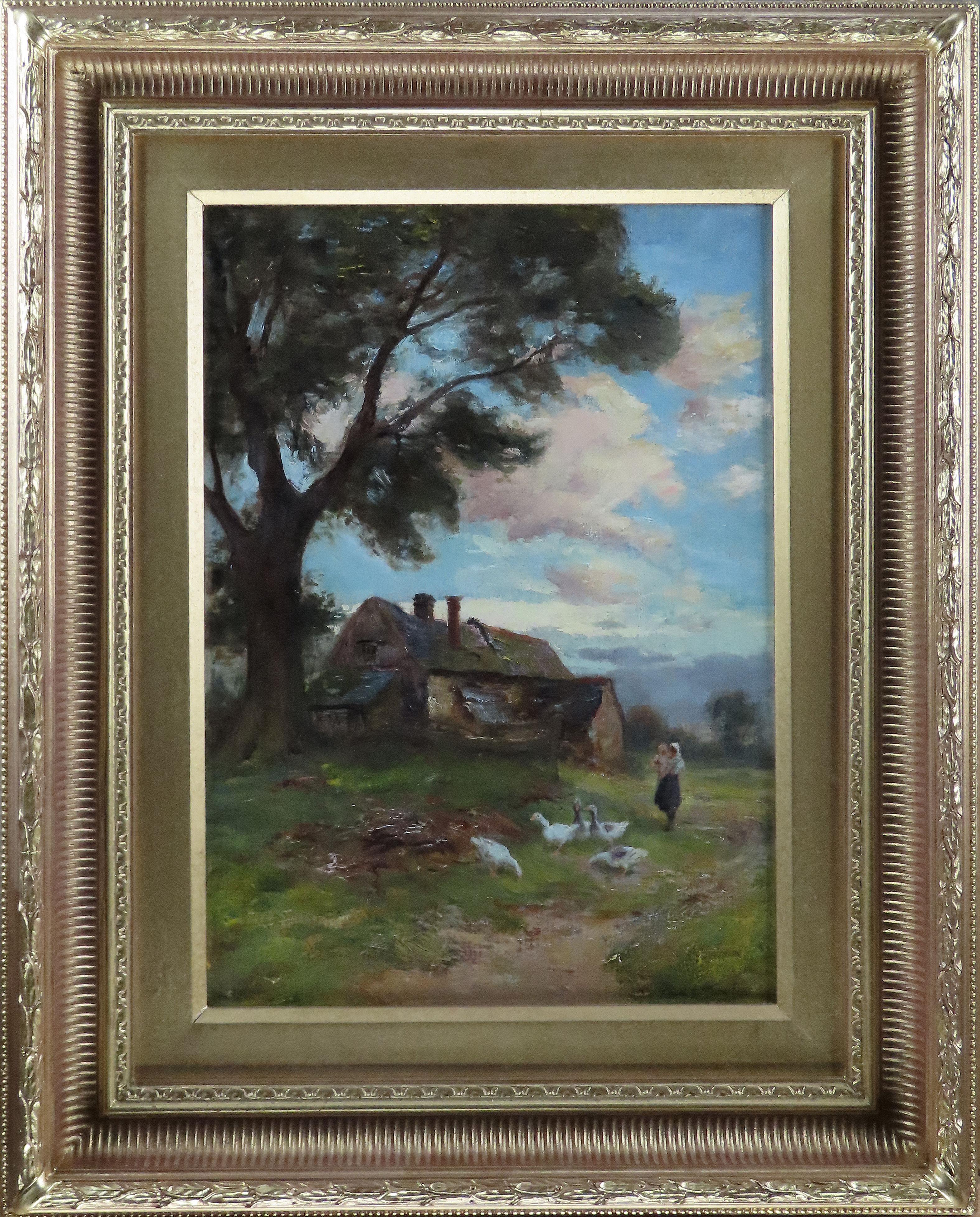 Frederick James Knowles Landscape Painting - Pair of Oils on Canvas by F. J . Knowles "Feeding the Geese""Herding the Cattle"