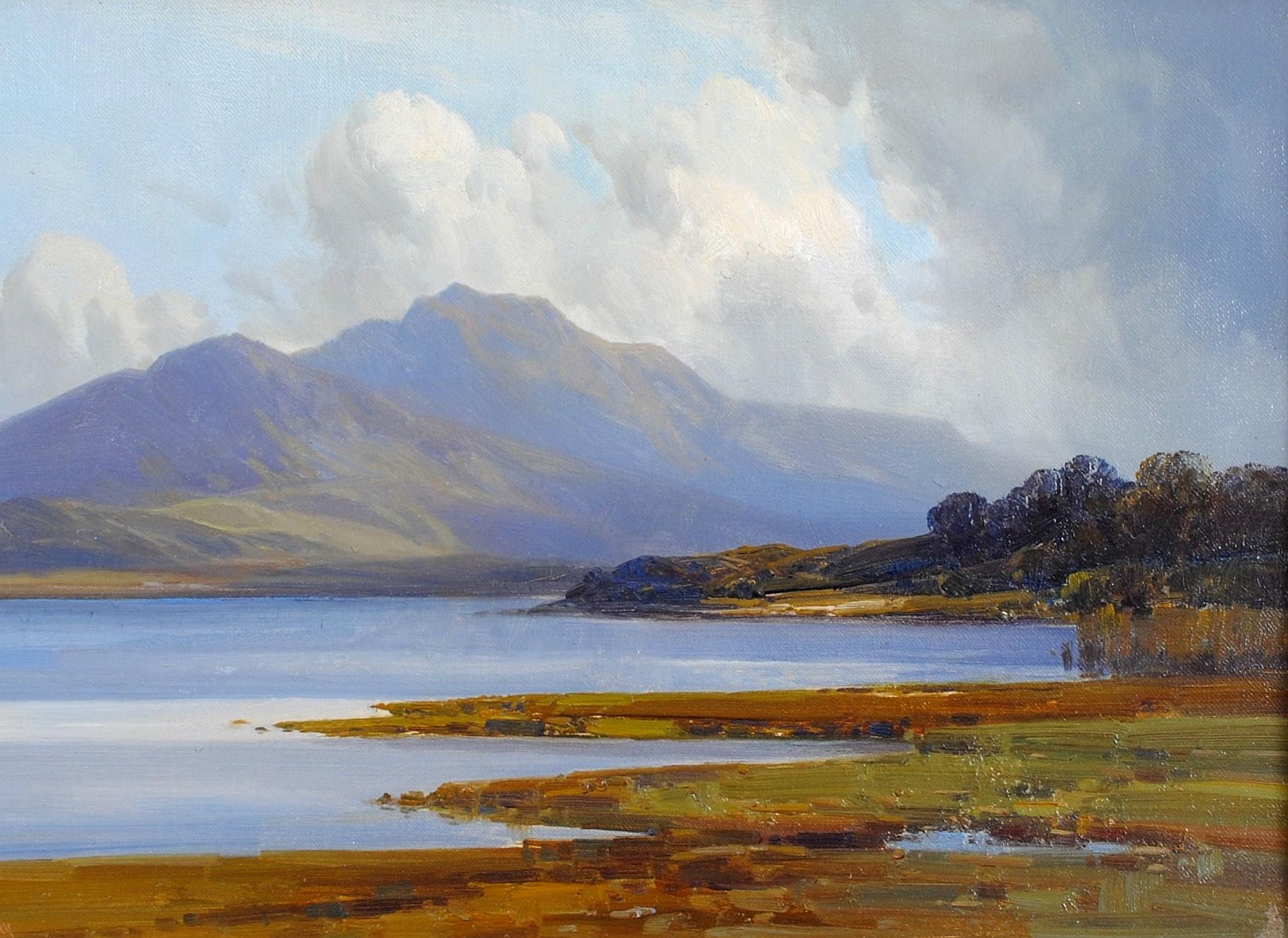 A very beautiful early 20th century oil on canvas landscape depicting a lake with hills beyond, by Frederick John Widgery. 

The location is likely to be Dartmoor National Park in Devon, where the artist painted regularly.

The work is very finely