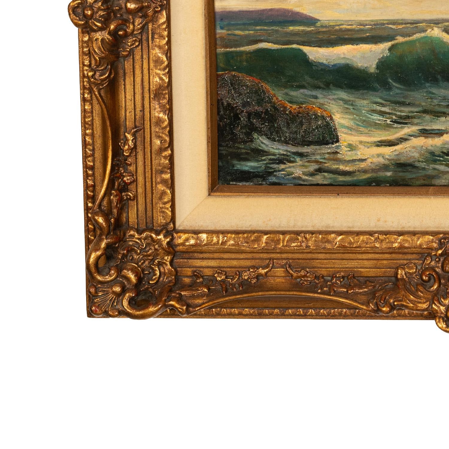Antiguo cuadro al óleo de un paisaje marino americano con olas rompiendo en la costa atlántica de Maine en venta 6