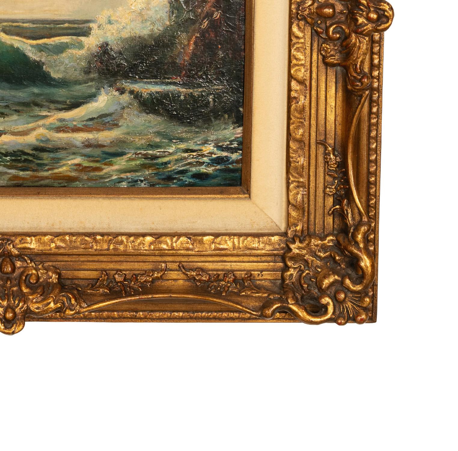 Antiguo cuadro al óleo de un paisaje marino americano con olas rompiendo en la costa atlántica de Maine en venta 7