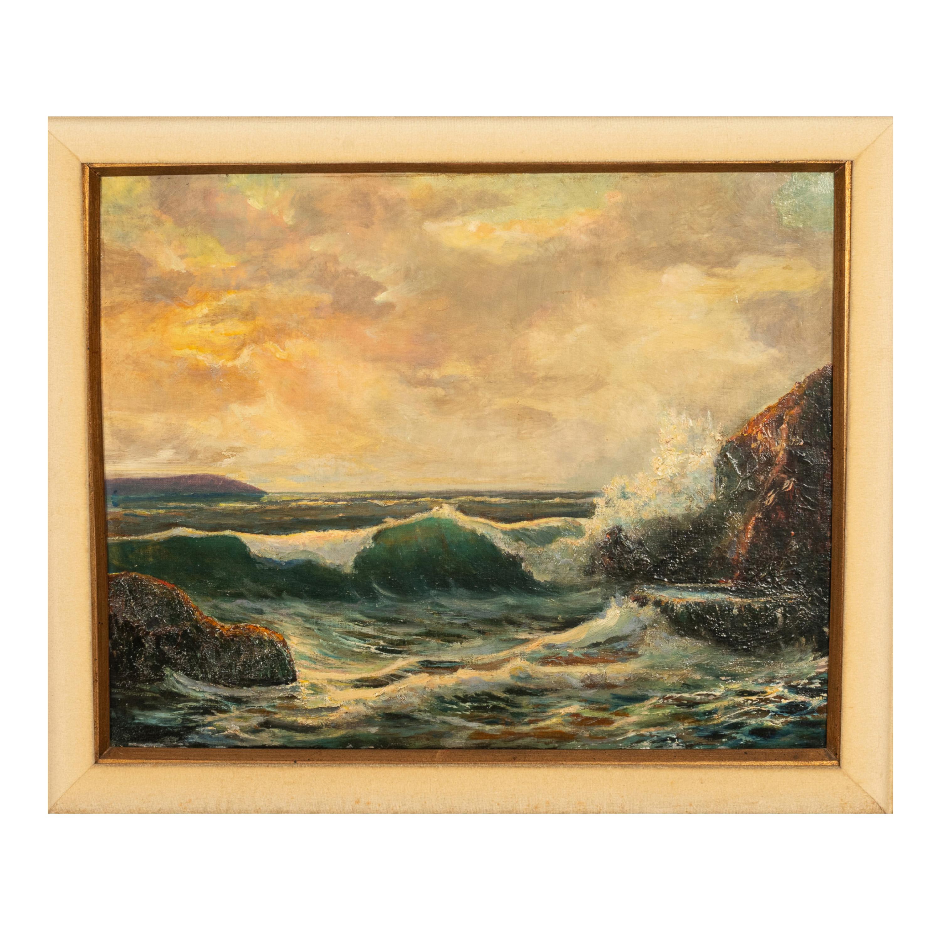 Antiguo cuadro al óleo de un paisaje marino americano con olas rompiendo en la costa atlántica de Maine - Painting de Frederick Judd Waugh