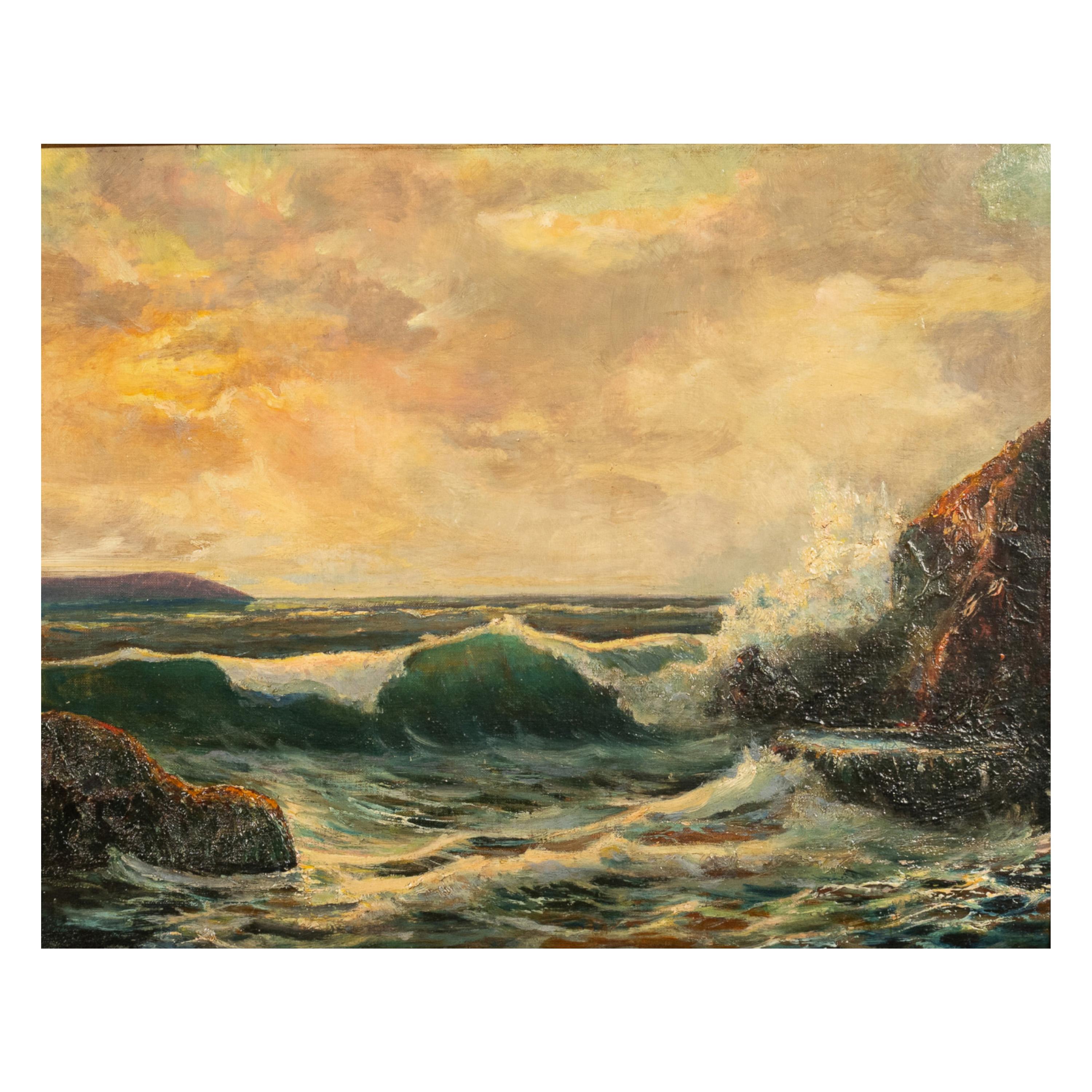 Antiguo cuadro al óleo de un paisaje marino americano con olas rompiendo en la costa atlántica de Maine - Painting Realista de Frederick Judd Waugh