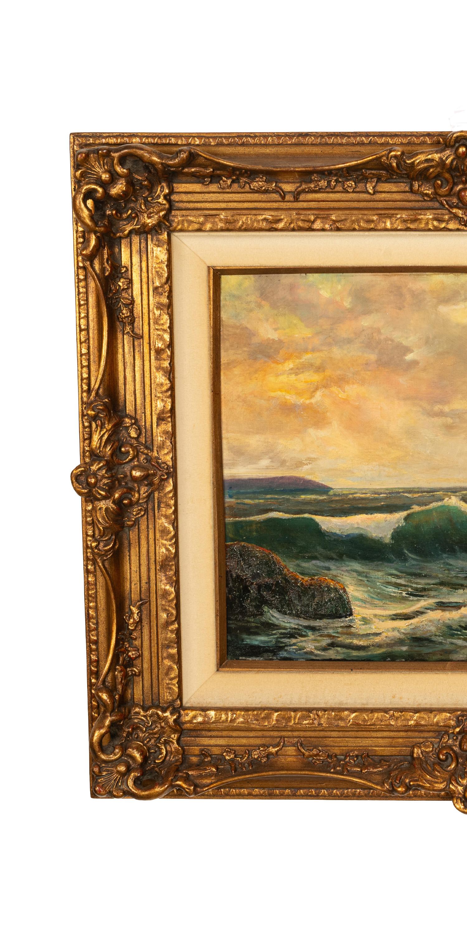 Antiguo cuadro al óleo de un paisaje marino americano con olas rompiendo en la costa atlántica de Maine - Landscape Painting Marrón de Frederick Judd Waugh