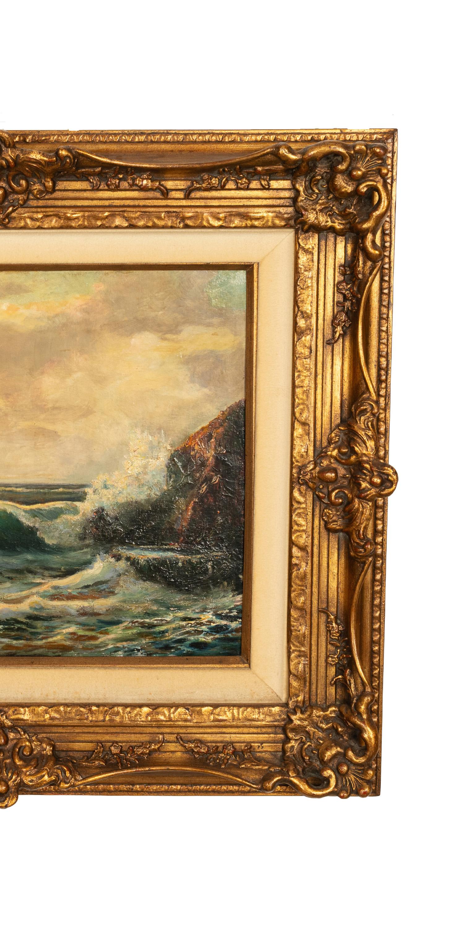 Pintura antigua al óleo sobre tabla del célebre artista marino Frederick Judd Waugh (1861-1940), que representa el Atlántico de la costa de Maine, hacia 1910.
El cuadro está finamente ejecutado con pinceladas audaces y decisivas de bordes nítidos,