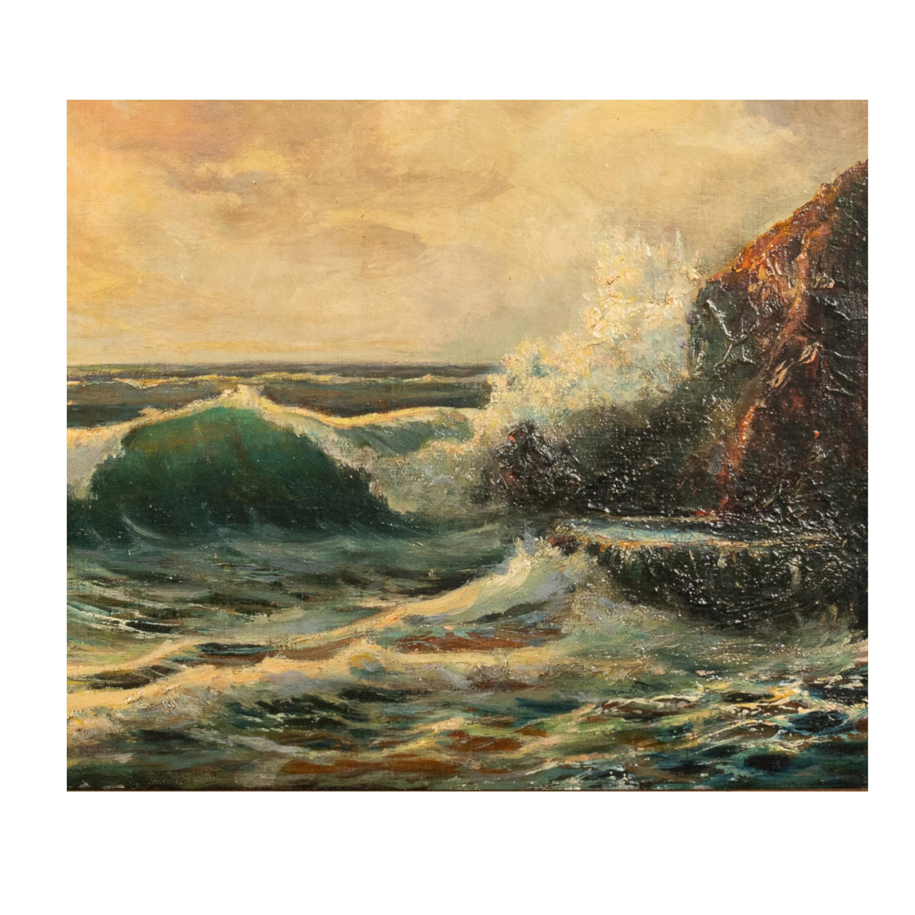 Antiguo cuadro al óleo de un paisaje marino americano con olas rompiendo en la costa atlántica de Maine en venta 2