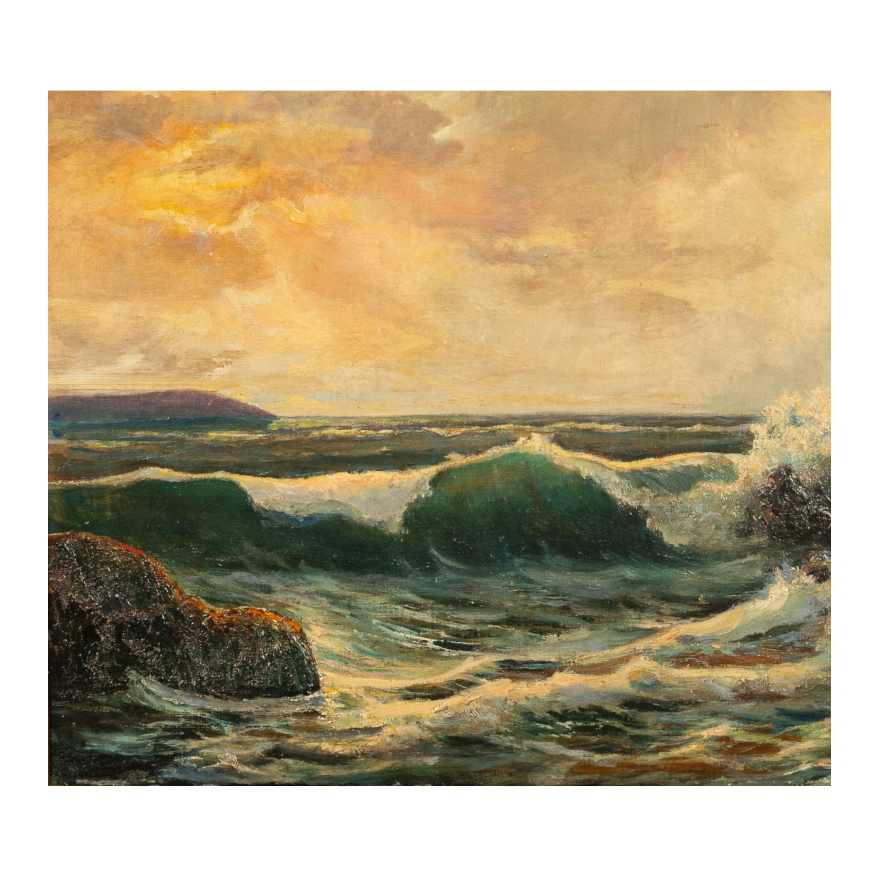 Antiguo cuadro al óleo de un paisaje marino americano con olas rompiendo en la costa atlántica de Maine en venta 3