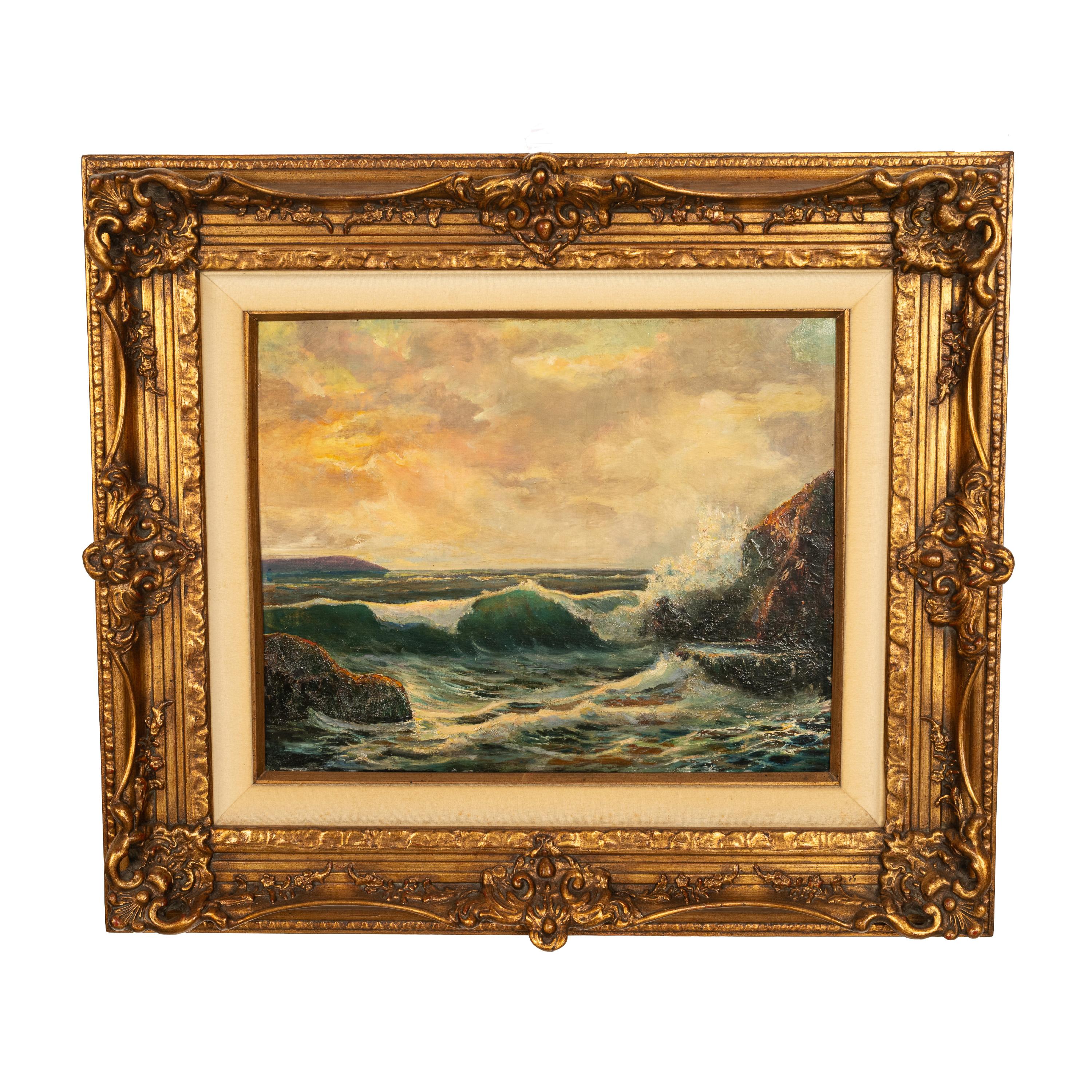 Landscape Painting de Frederick Judd Waugh - Antiguo cuadro al óleo de un paisaje marino americano con olas rompiendo en la costa atlántica de Maine