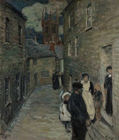 "Street Scene, St. Ives, " Vintage Antique Impressionist English Seaside Town