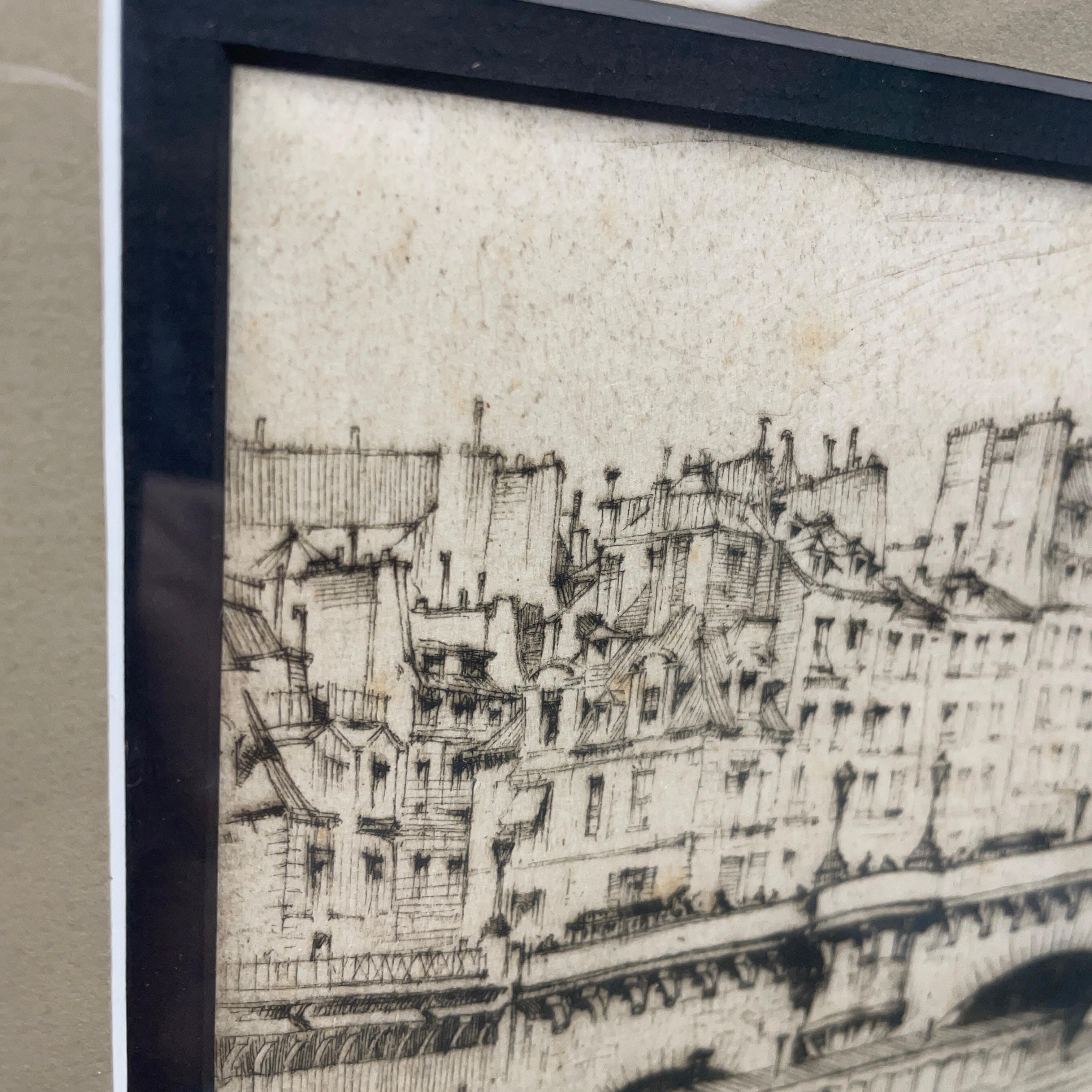 Framed under glass, a Ernest D. Roth Etching signed in plate  and by hand. In plate signature reads, E D  Roth Pont Neuf Paris. By hand signature on  lower right below etching reads, Ernest D. Roth 1914. Etching depicts a European Stone Bridge. Not