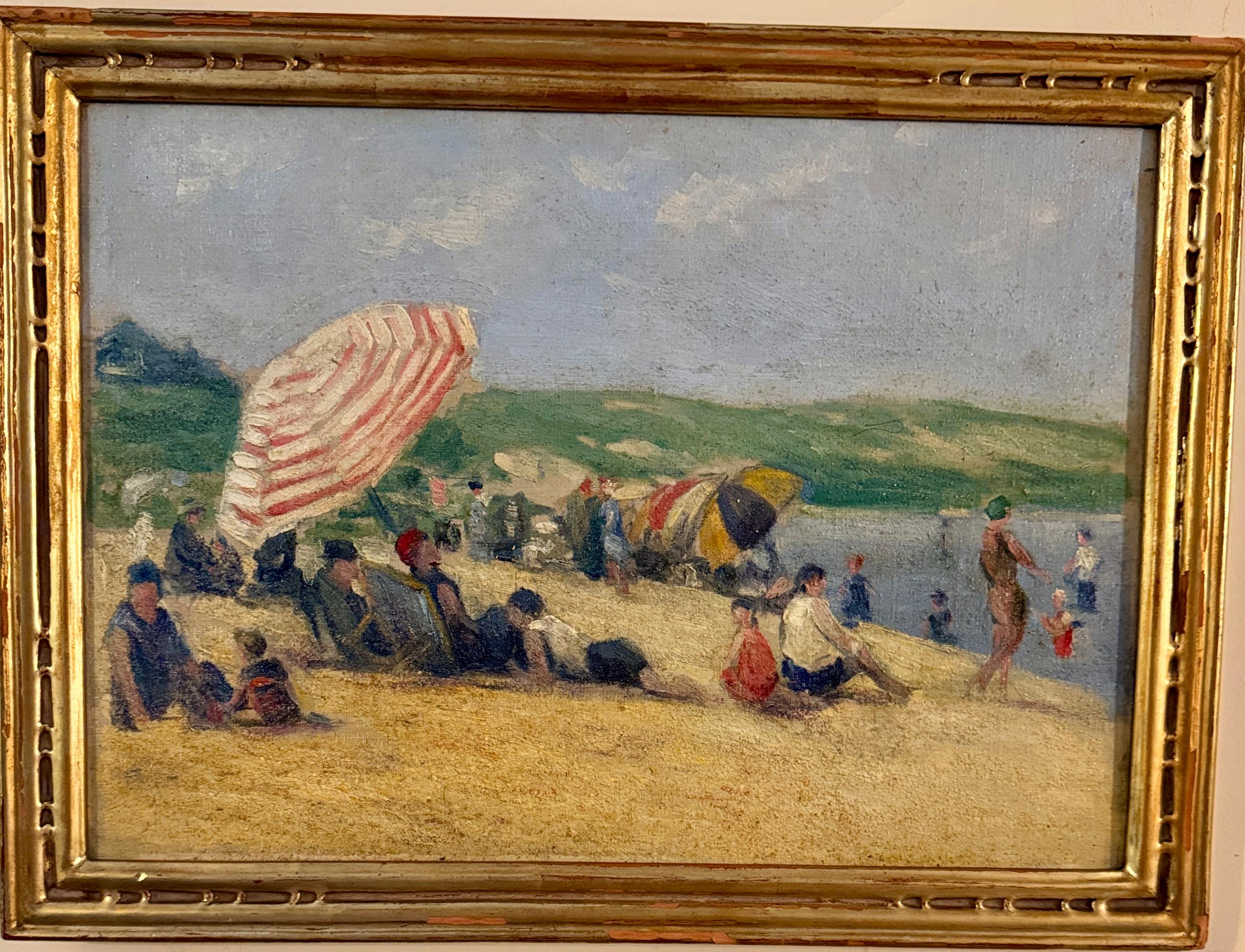 Frederick Kitson Cowley Figurative Painting - Nantucket Beach landscape in Summertime with people on the Beach, Impressionist