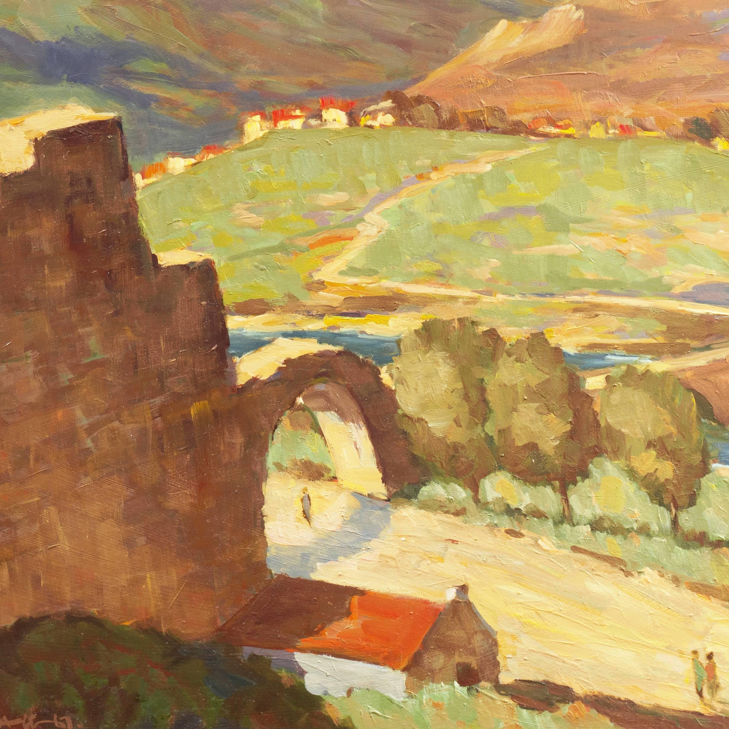 'Ramparts at Bologna Castle, France', California artist, Post-Impressionist oil - Brown Landscape Painting by Frederick Korburg