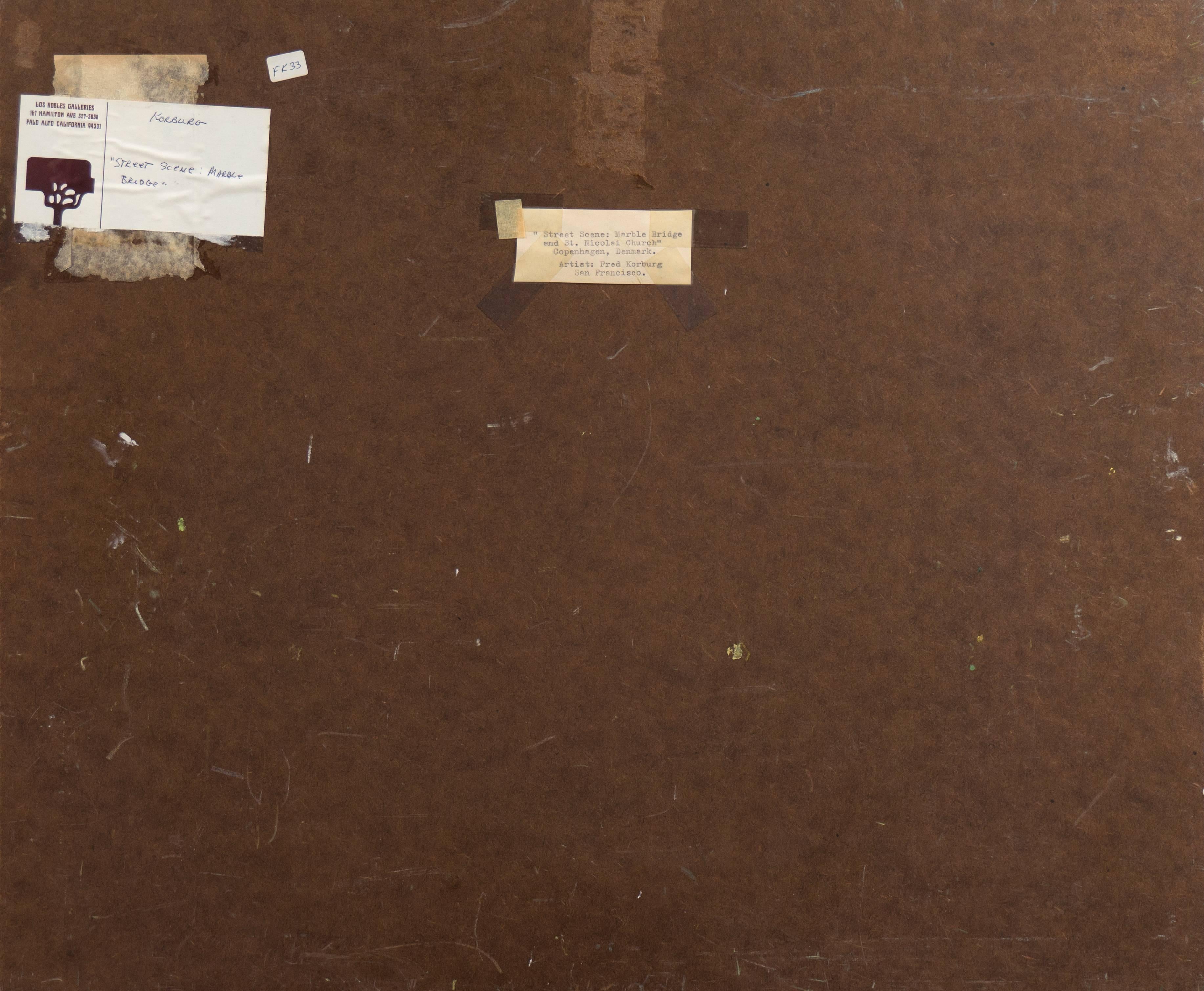 Signed lower left, 'Fred Korburg', dated 1971; additionally titled on old label verso 'Street Scene: Marble Bridge and St. Nicolai Church, Copenhagen, Denmark'.
Provenance: Los Robles Galleries, Palo Alto, California. 

Born in Denmark, Frederick