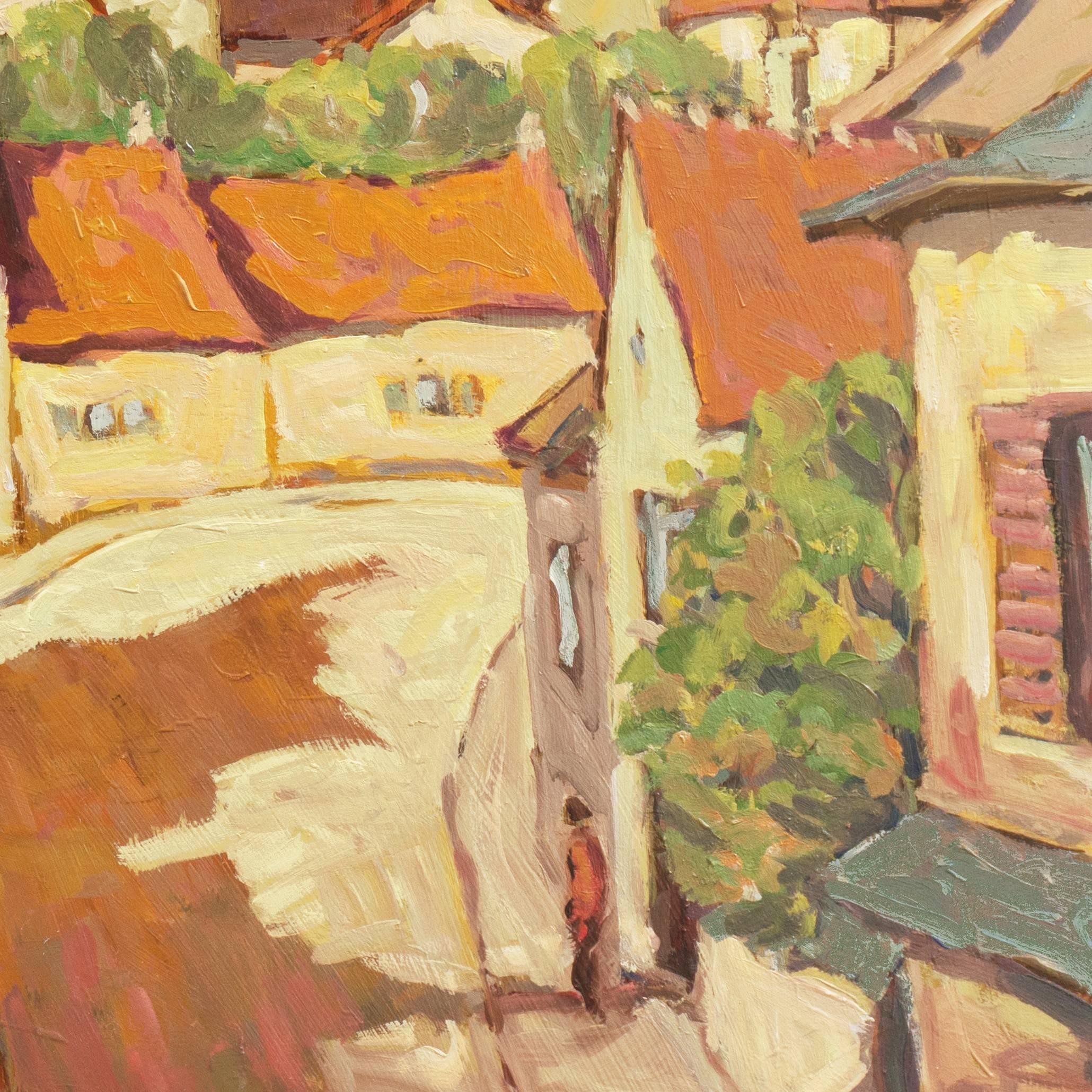 Signed lower left, 'Fred Korburg', dated 1969, and additionally signed, dated, and inscribed verso 'Street Scene, Ammerschwihr, Alsace-Lorraine' and titled on old gallery label. 
Provenance: Los Robles Galleries, Palo Alto, California.

Oil