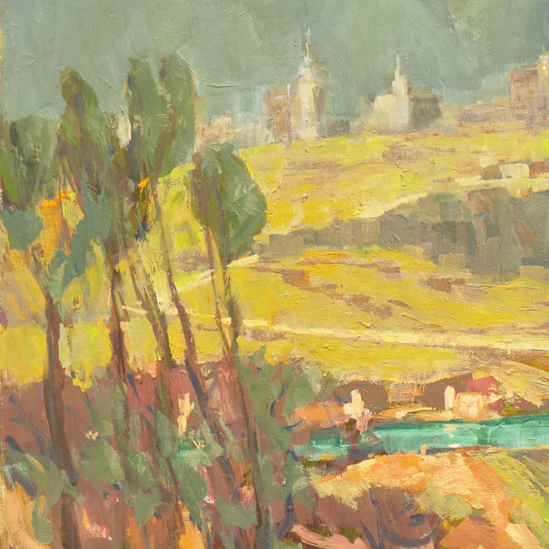 'View of Hohensalzburg Castle, Austria', California Post-Impressionist, SFAA oil - Beige Landscape Painting by Frederick Korburg