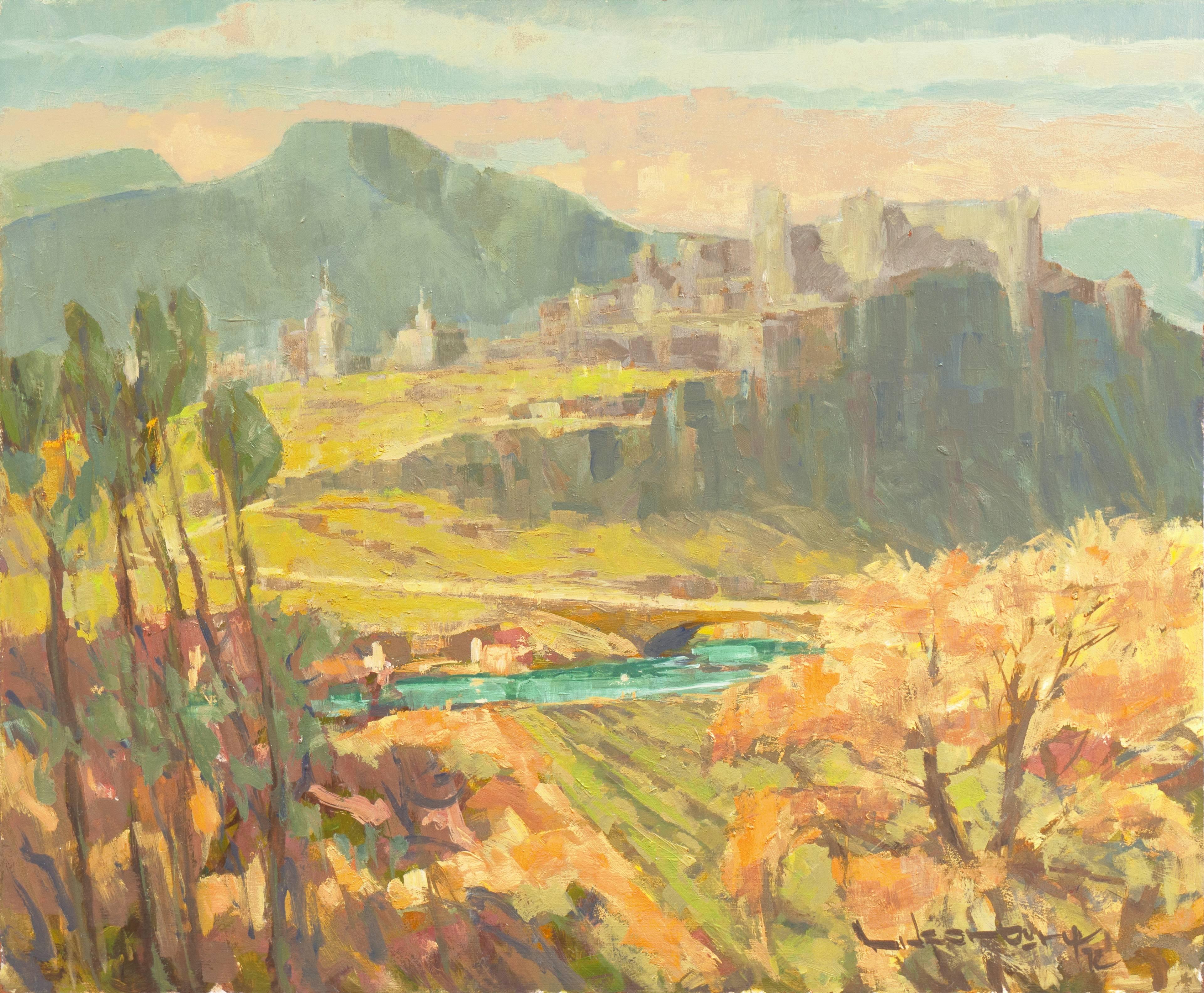 Frederick Korburg Landscape Painting - 'View of Hohensalzburg Castle, Austria', California Post-Impressionist, SFAA oil