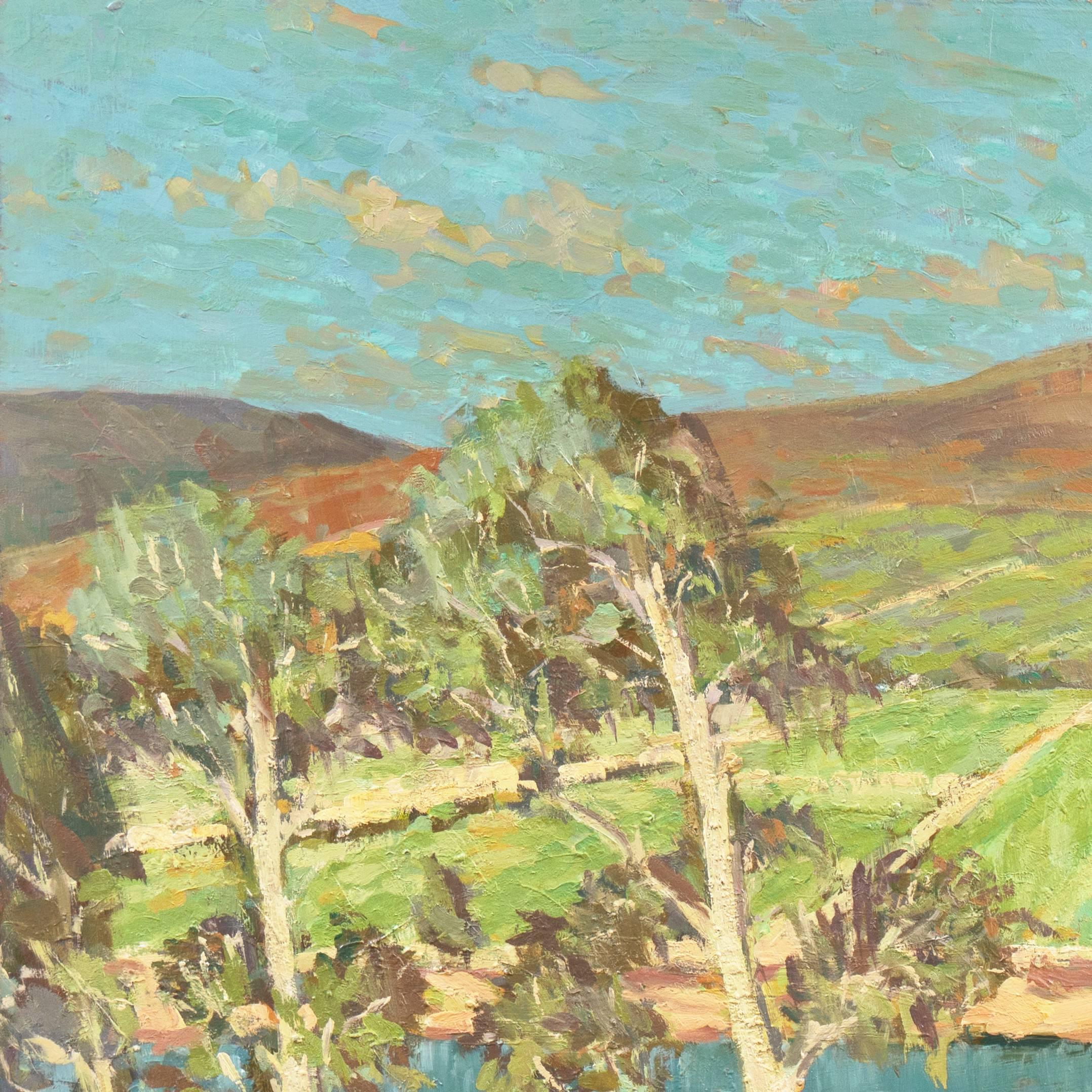 'Moselle Vineyards', Hamburg, California Post-Impressionist, SFAA, Oil Landscape - Beige Landscape Painting by Frederick Korburg