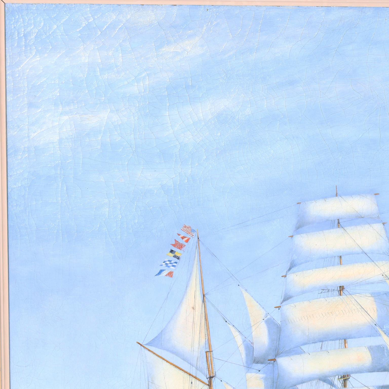 Striking oil painting on canvas of an American four mast sailing ship, in all its glory, in ocean waters with a stem ship in the horizon. Signed by noted marine artist Frederick L.Owen, titled 