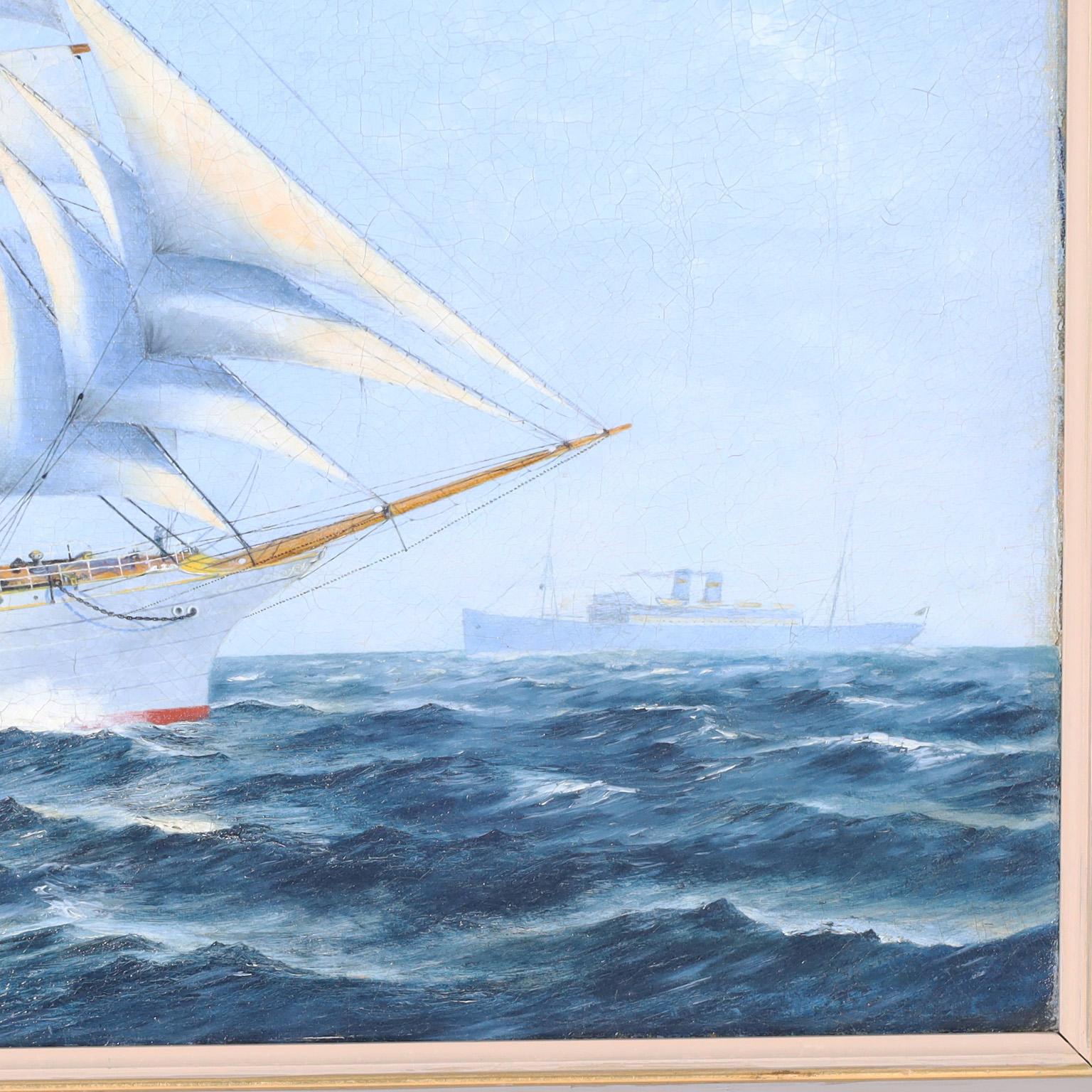 Edwardian Frederick L. Owen Marine Oil Painting on Canvas of a Sailing Ship For Sale