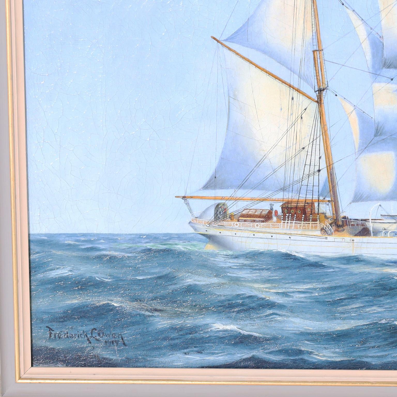 American Frederick L. Owen Marine Oil Painting on Canvas of a Sailing Ship For Sale