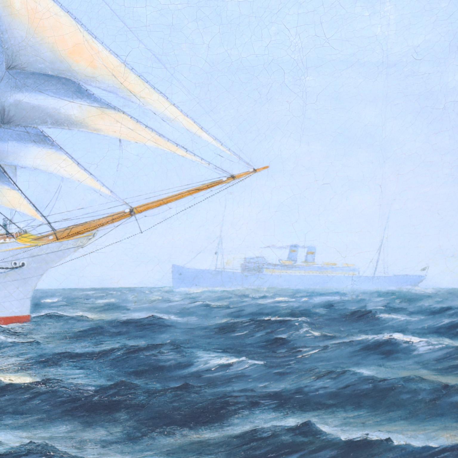 Peinture à l'huile sur toile d'un navire à voile de Frederick L. Owen Marine  Bon état - En vente à Palm Beach, FL