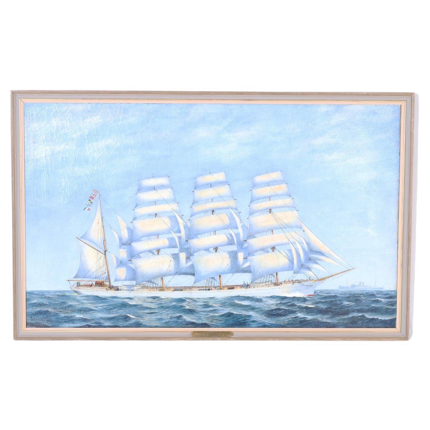 Frederick L. Owen Marine Oil Painting on Canvas of a Sailing Ship For Sale