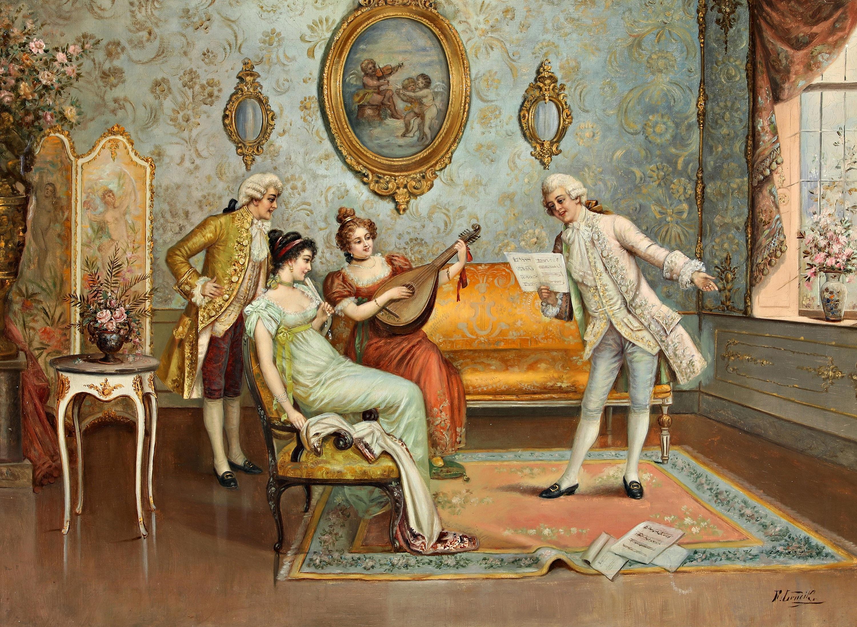 Frederick Lenditz, Rokoko-Interieur, Öl auf Leinwand, um 1900, signiert, gerahmt im Angebot 1