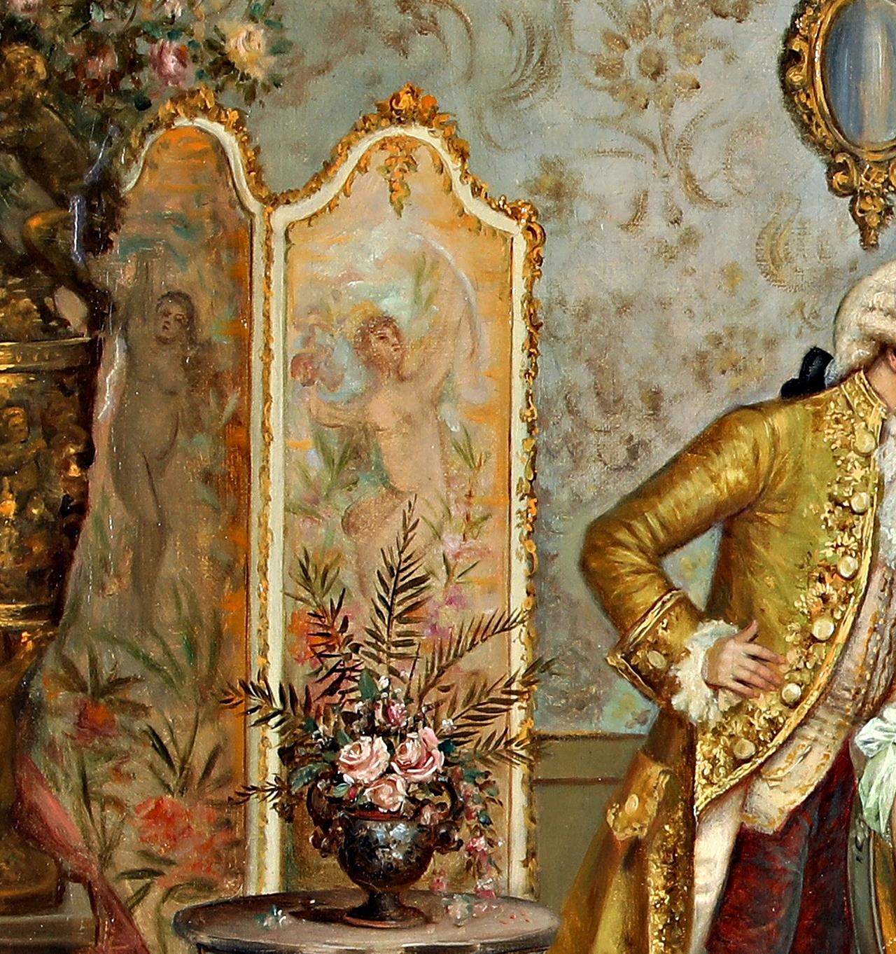 Frederick Lenditz, Rokoko-Interieur, Öl auf Leinwand, um 1900, signiert, gerahmt im Angebot 3