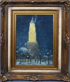 Antique American Ashcan School 1916 New York City Nocturnal Winter Cityscape
