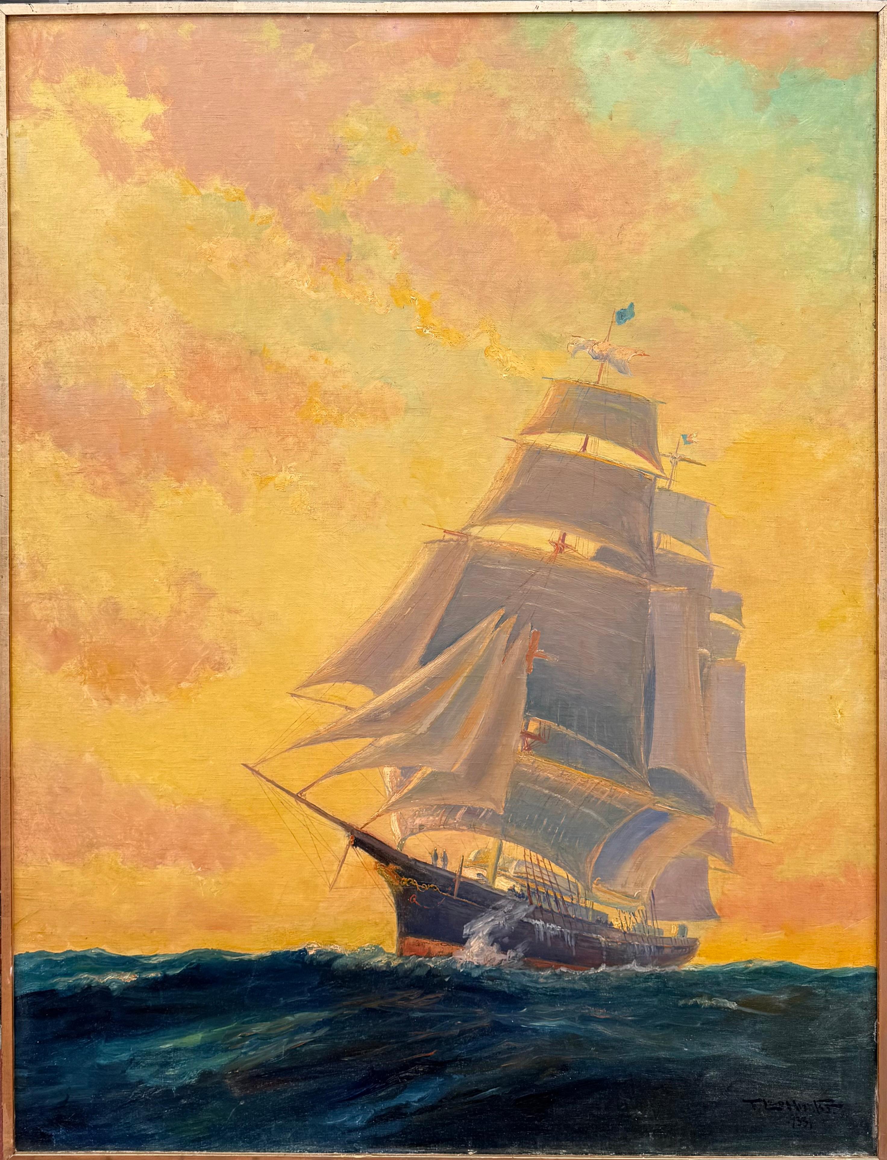 Segelboot bei Sonnenuntergang – Painting von Frederick Leo Hunter