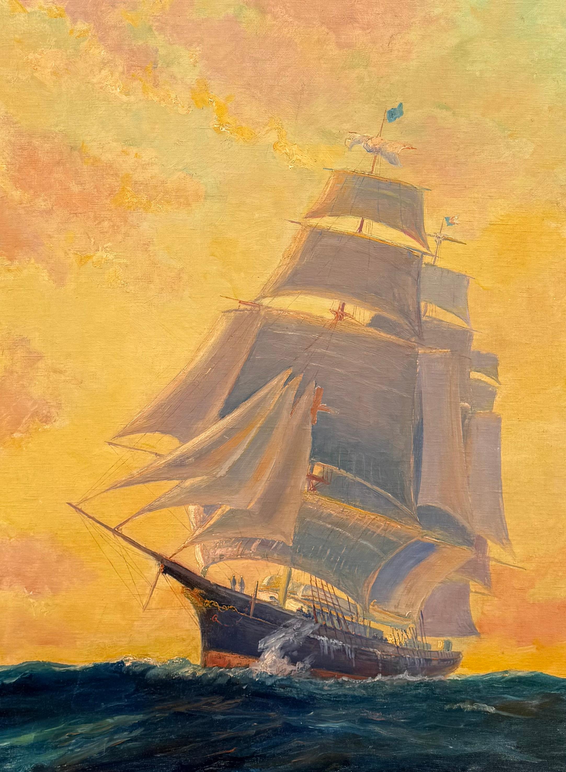 Segelboot bei Sonnenuntergang (Orange), Landscape Painting, von Frederick Leo Hunter