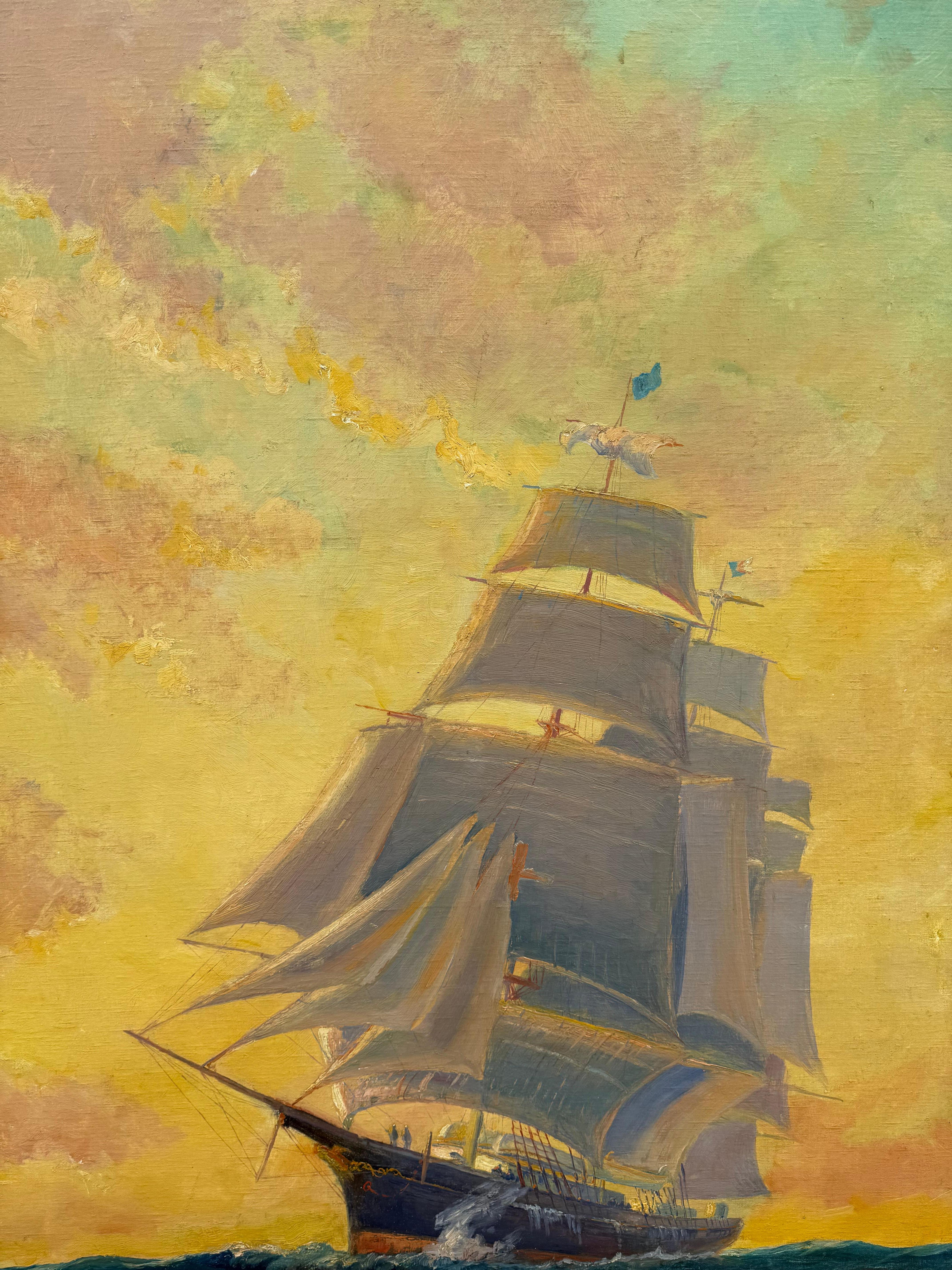 Großformatiges Original-Ölgemälde auf Karton eines großen Segelschiffs im Sonnenuntergang.  Der Künstler ist Frederick Leo Hunter.  Vom Künstler rechts unten signiert und datiert 1933.  Der Zustand ist gut.  1933 hingerichtet. Original Blattgold