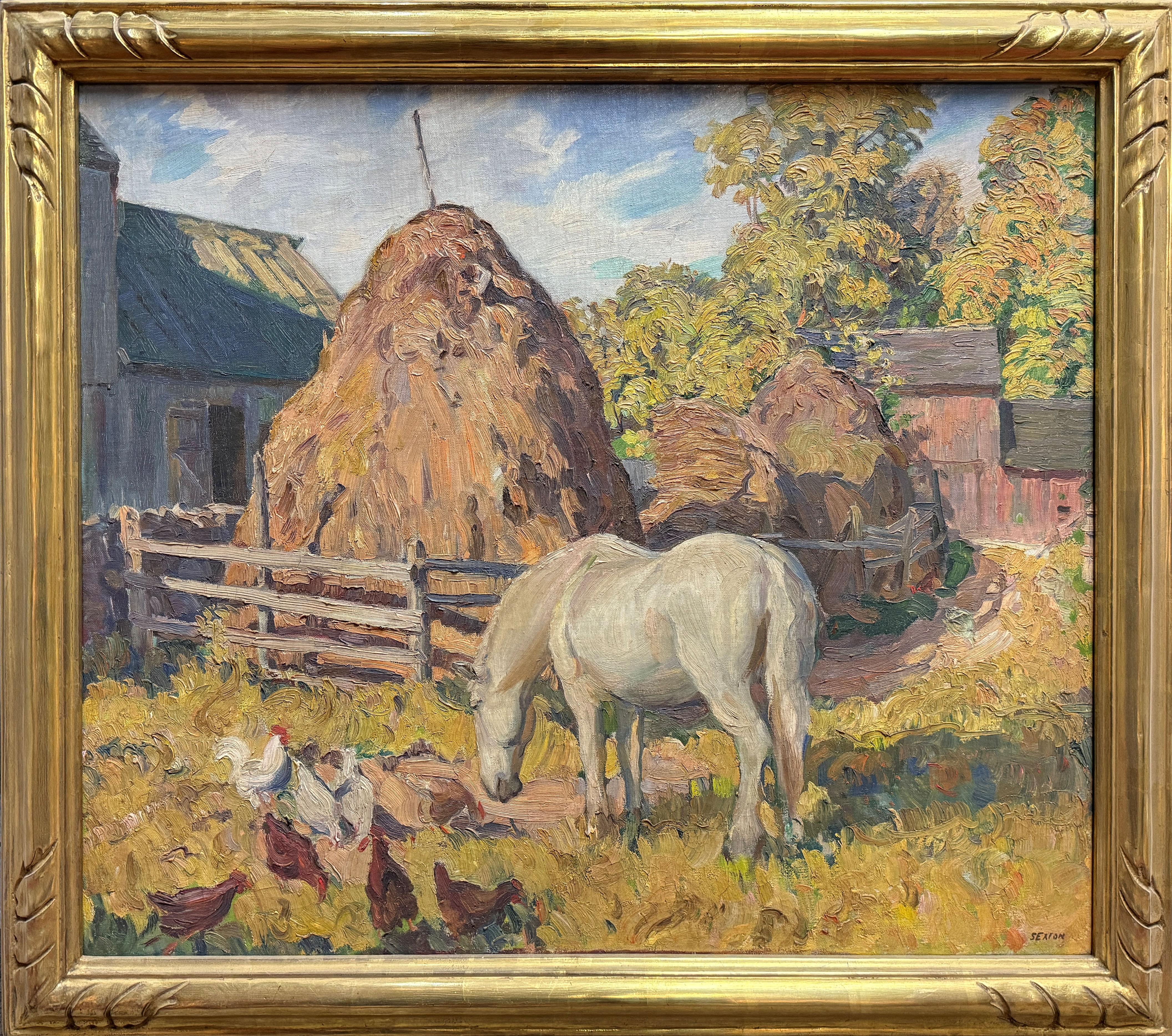 „Weißes Pferd“ Frederick Lester Sexton, Bukolische Scheune, Bauernhofsszene, Weißes Pferd im Angebot 1