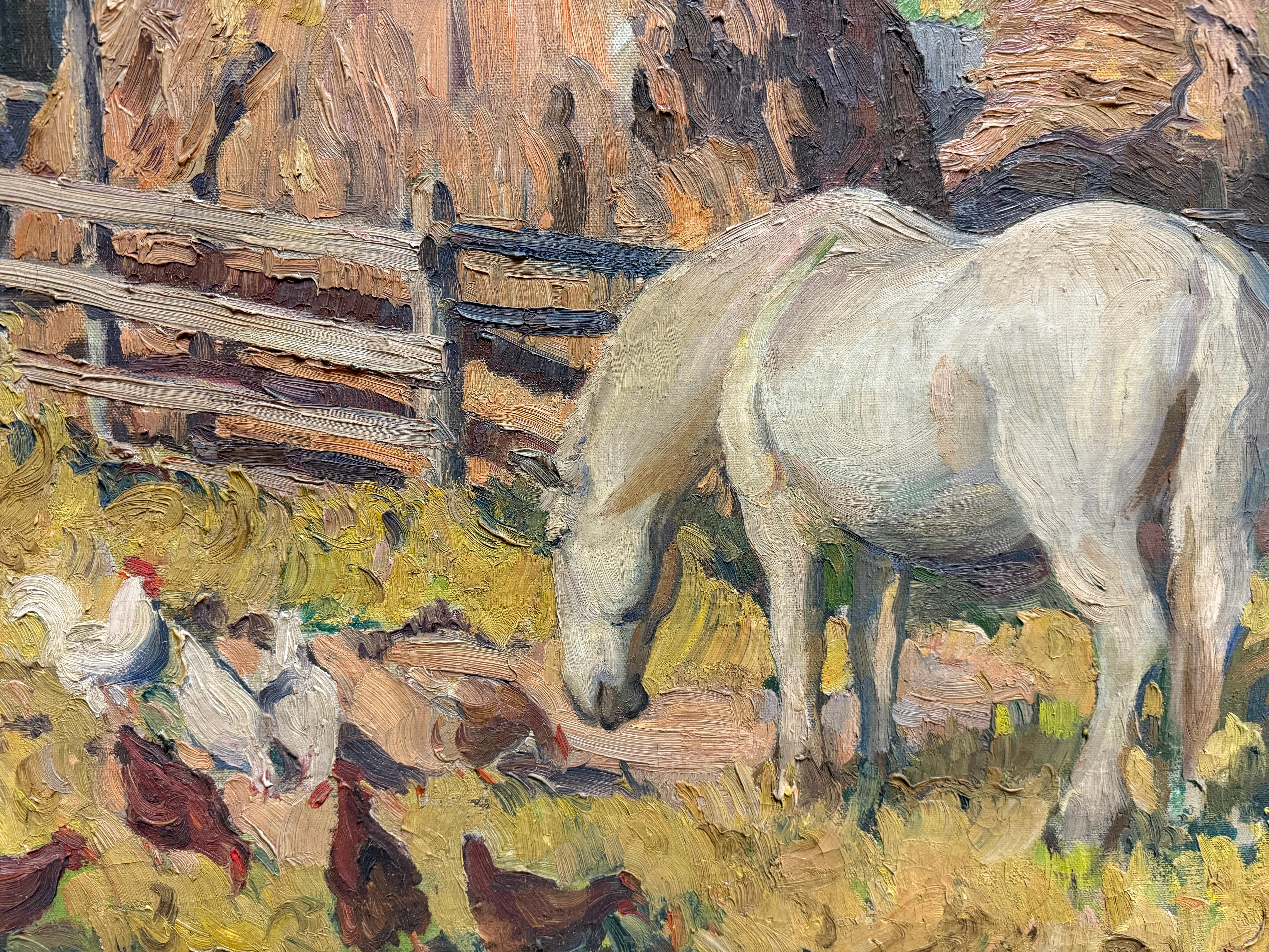 „Weißes Pferd“ Frederick Lester Sexton, Bukolische Scheune, Bauernhofsszene, Weißes Pferd im Angebot 3