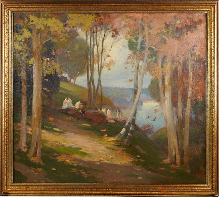 Antique American Impressionist Large Signed Serene Lake Landscape Oil Painting - Brown Landscape Painting by Frederick Lincoln Stoddard 